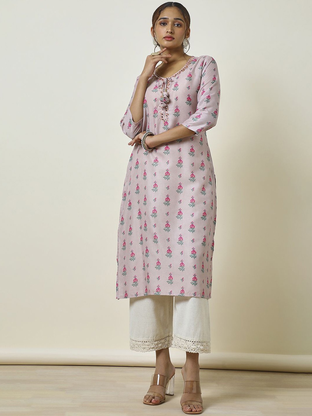 

Soch Floral Printed Tie-Up Neck Mirror Work Straight Kurta, Peach