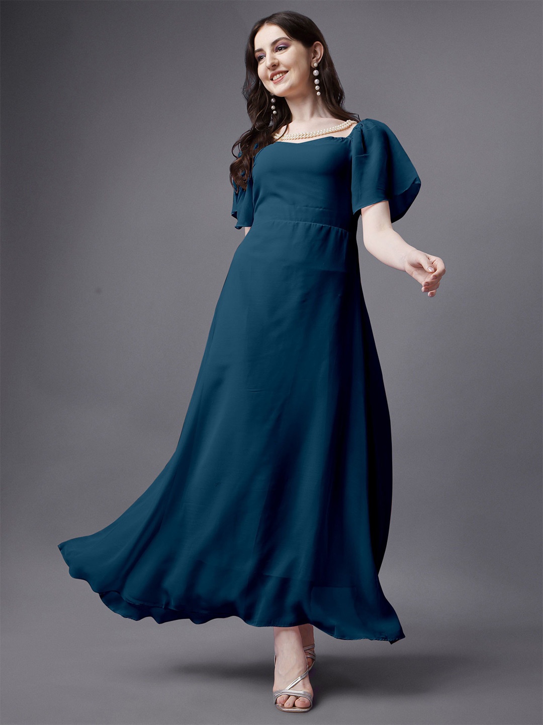 

Vastani Enterprise Women Solid Bell Sleeve Georgette Maxi Dress, Blue