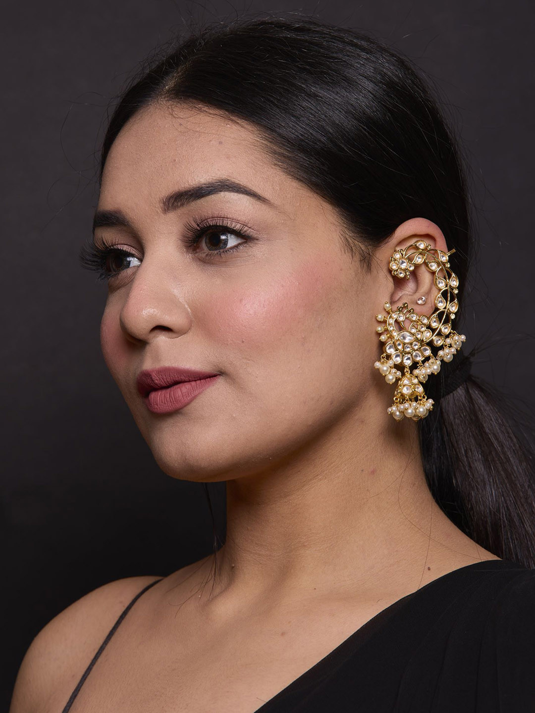 

Amreli Jaipur Gold-Plated Kundan Studded & Beaded Ear cuff Jhumkas