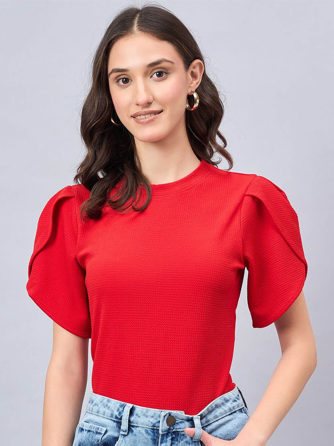 

Style Quotient Women Solid Polyester Tulip Sleeve Top, Red