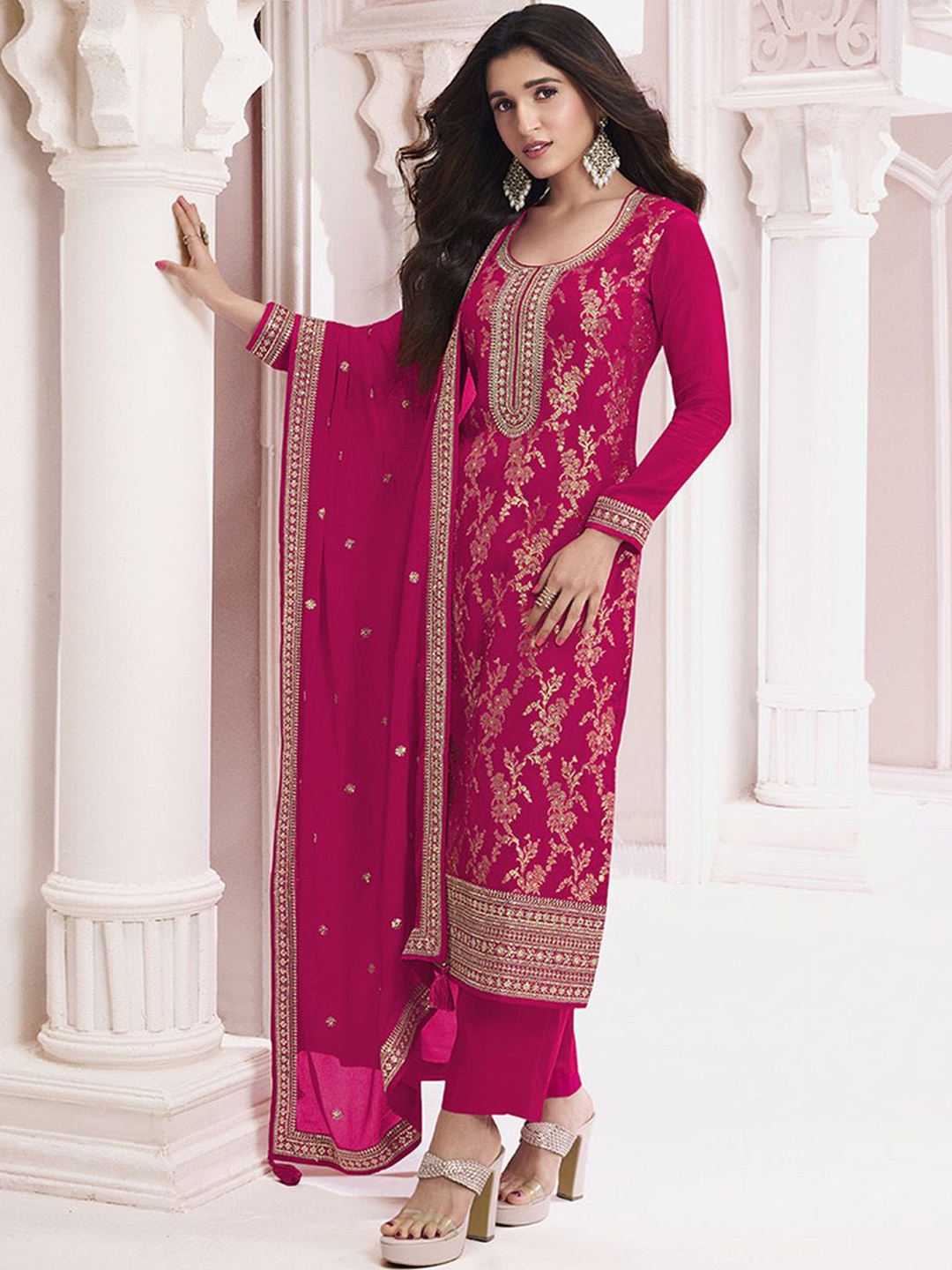 

Seerat Floral Woven Design Regular Zari Silk Chiffon Kurta With Trousers & Dupatta, Pink