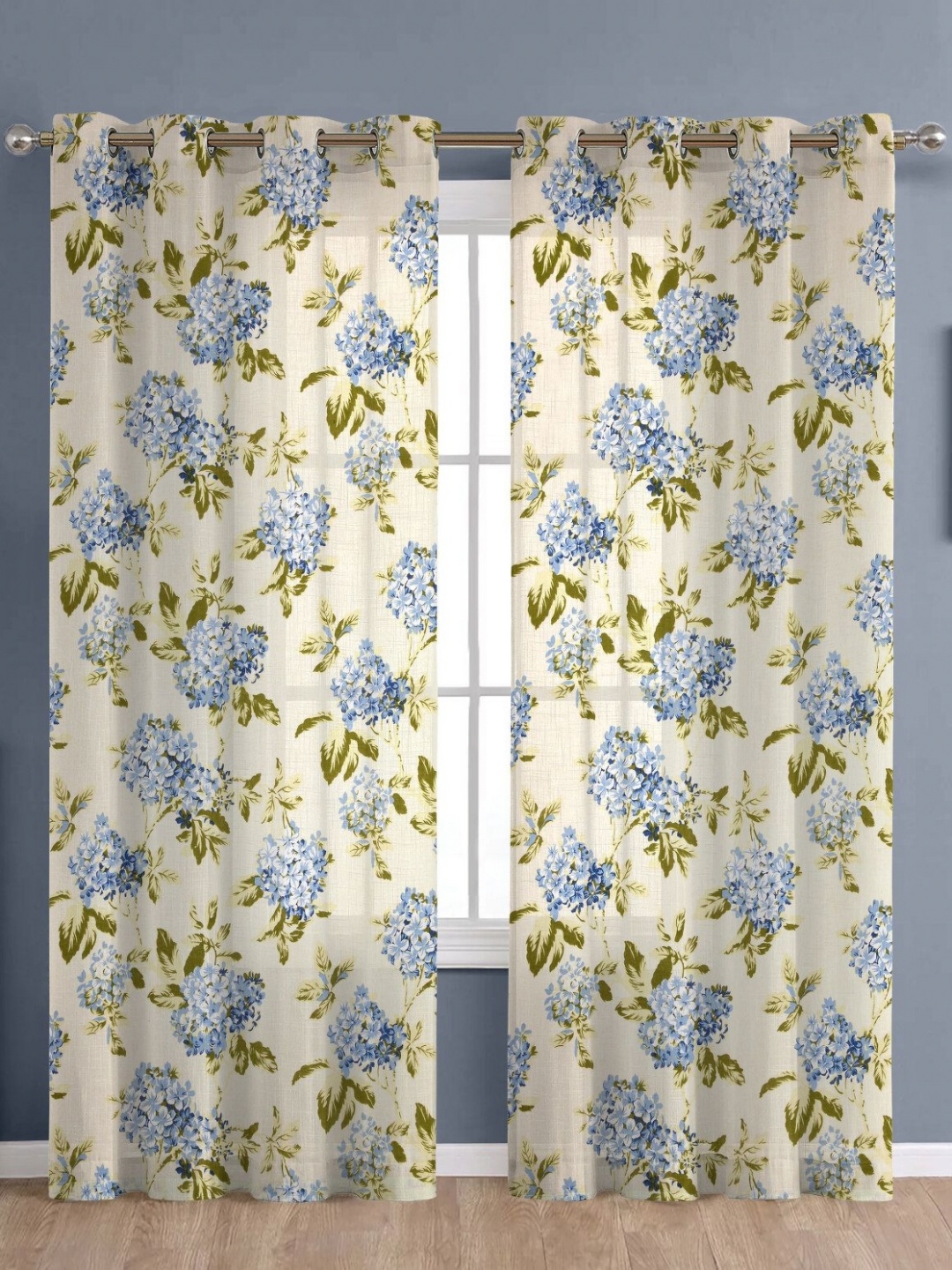 

THE LINEN COMPANY Beige & Blue 2 Pieces Floral Printed Cotton Sheer Door Curtain