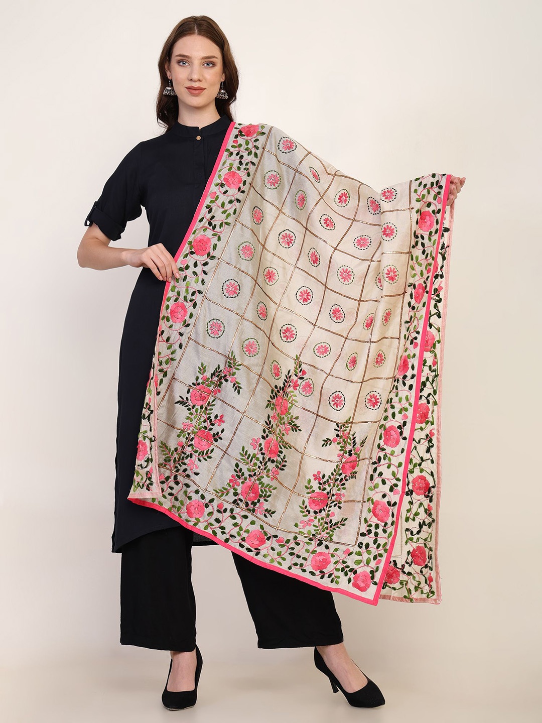 

Tweedle Floral Punjabi Phulkari Embroidered Chanderi Dupatta, Pink
