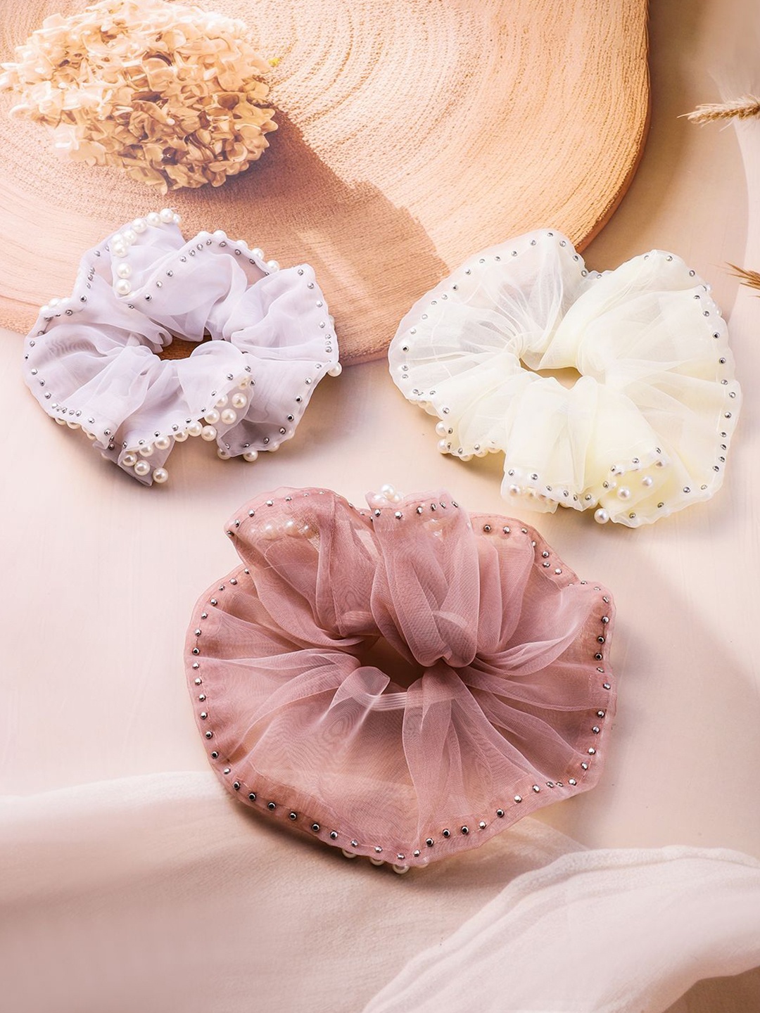 

Rubans Set of 3 Light Gray, White & Peach Organza Scrunchies with Pearl Bead Embellishment