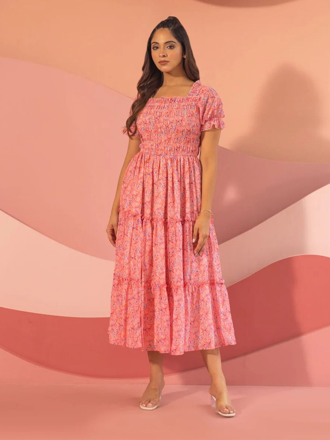 

BAESD Women Floral Printed Puff Sleeves Empire Dress, Pink