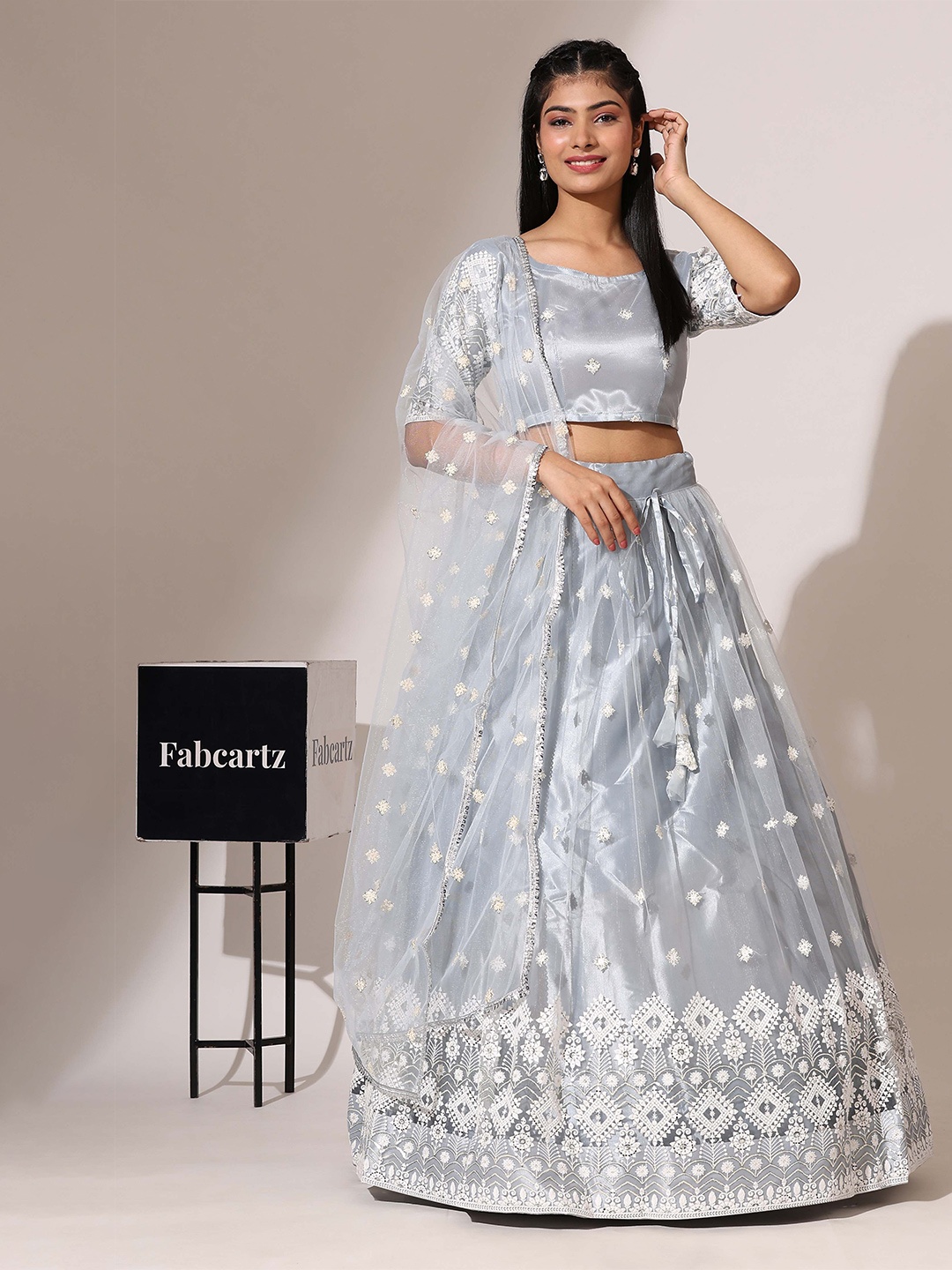 

Fabcartz Floral Embroidered Sequinned Semi-Stitched Lehenga & Unstitched Blouse & Dupatta, Grey