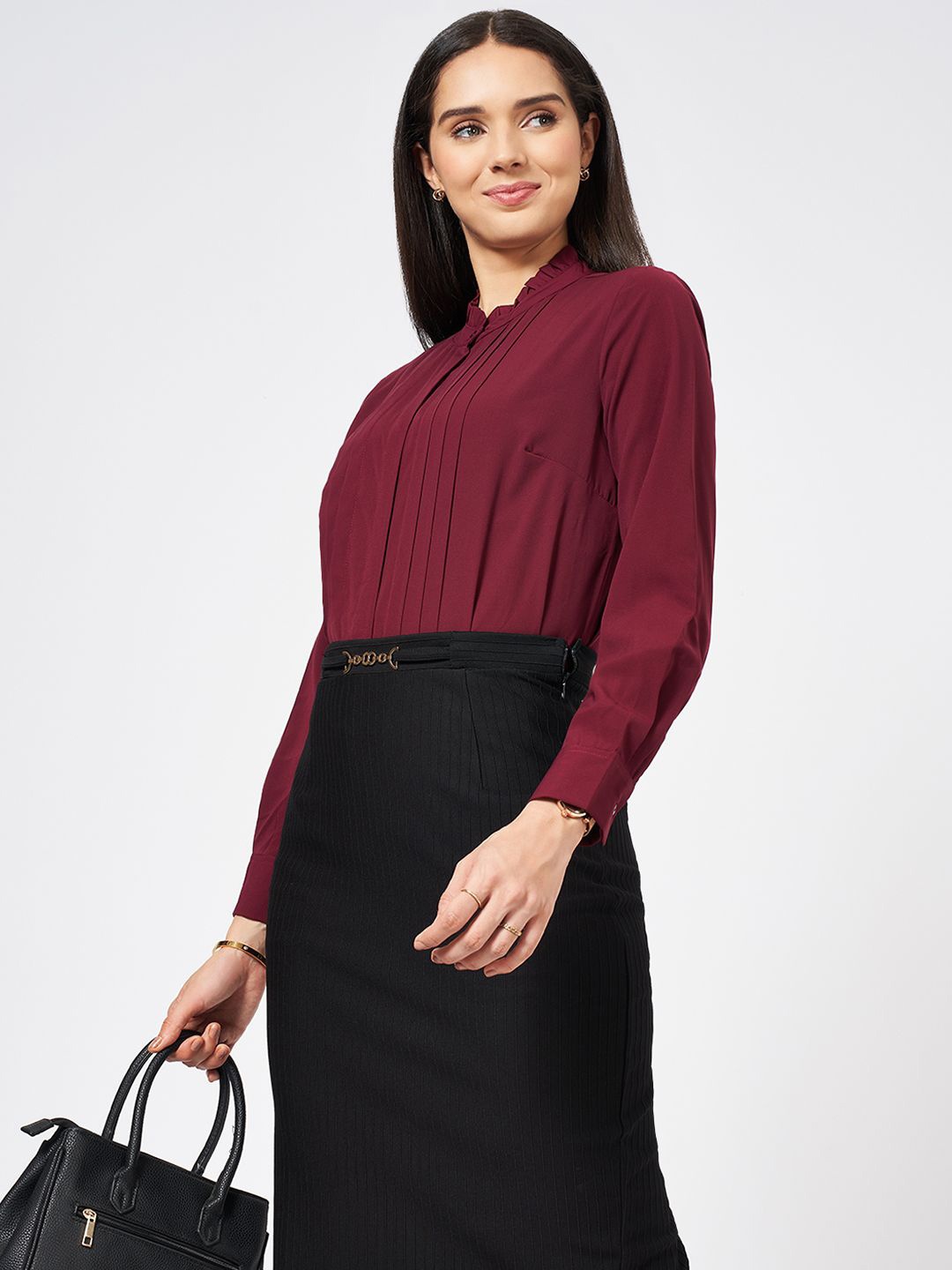 

Annabelle by Pantaloons Women Band Collar Solid Formal Shirt, Red