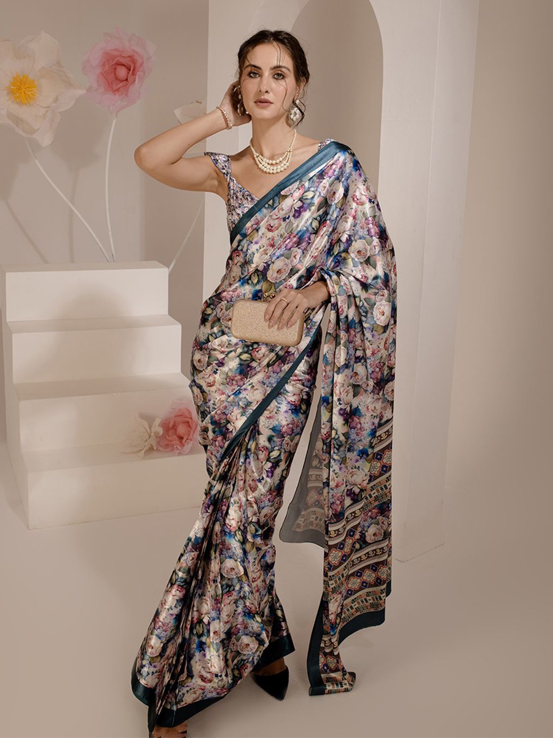 

BAESD Floral Printed Pure Silk Saree, Blue