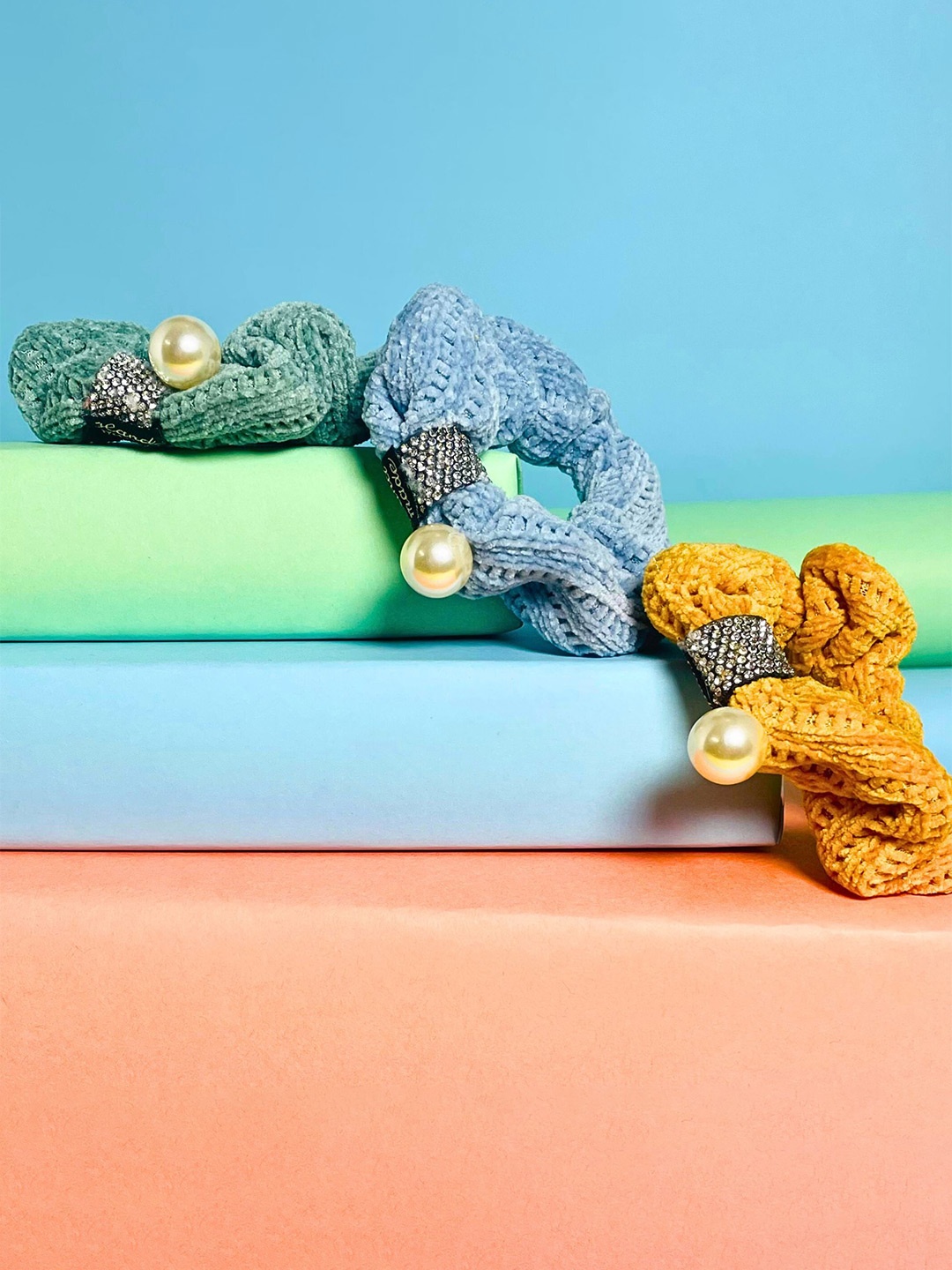 

MANSIYAORANGE Women Set of 3 Embellished Ponytail Holders, Blue