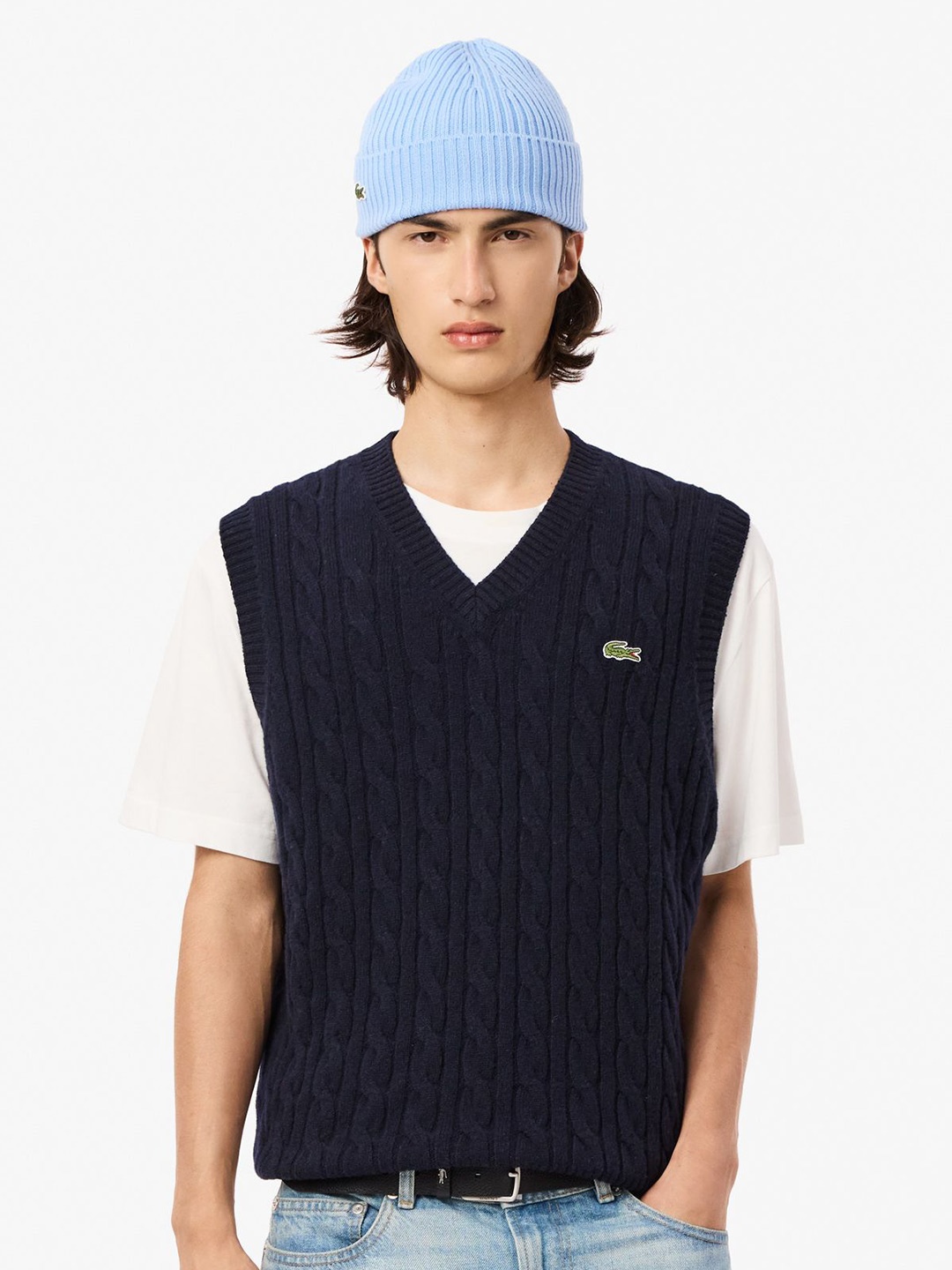 

Lacoste Men Cable Knit Woollen Sweater Vest, Blue