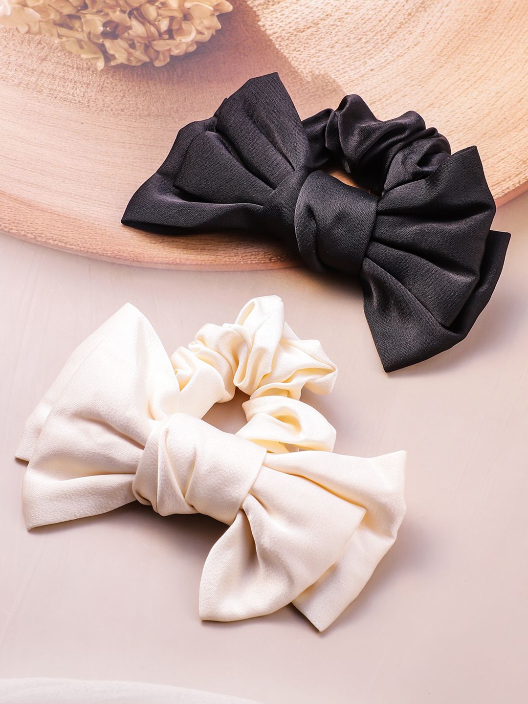 

Rubans Set of 2 Black & Cream Satin Handmade Scrunchies with Bow Detail, White