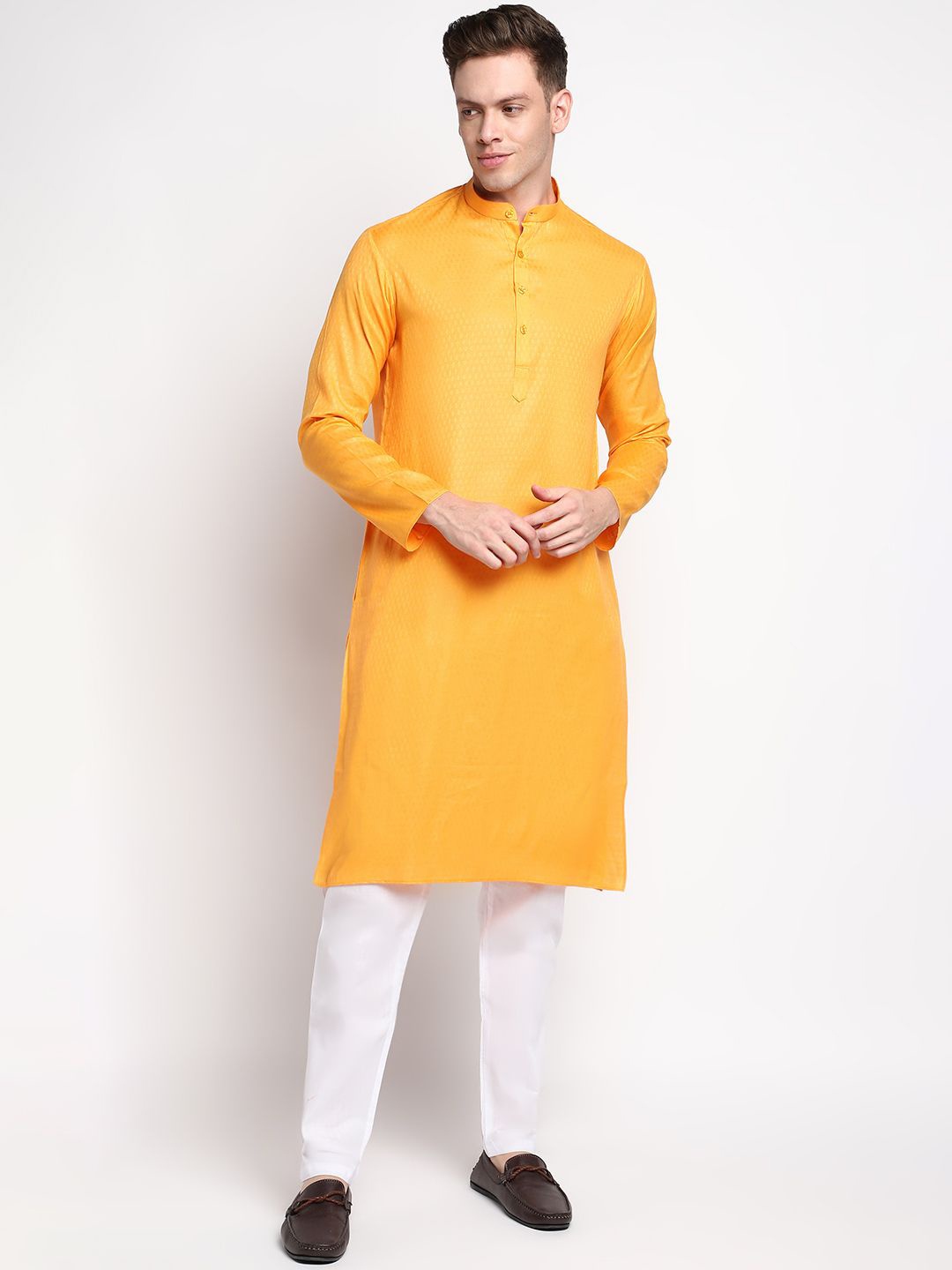 

DEVOILER Woven Design Band Collar Cotton Straight Kurta, Orange