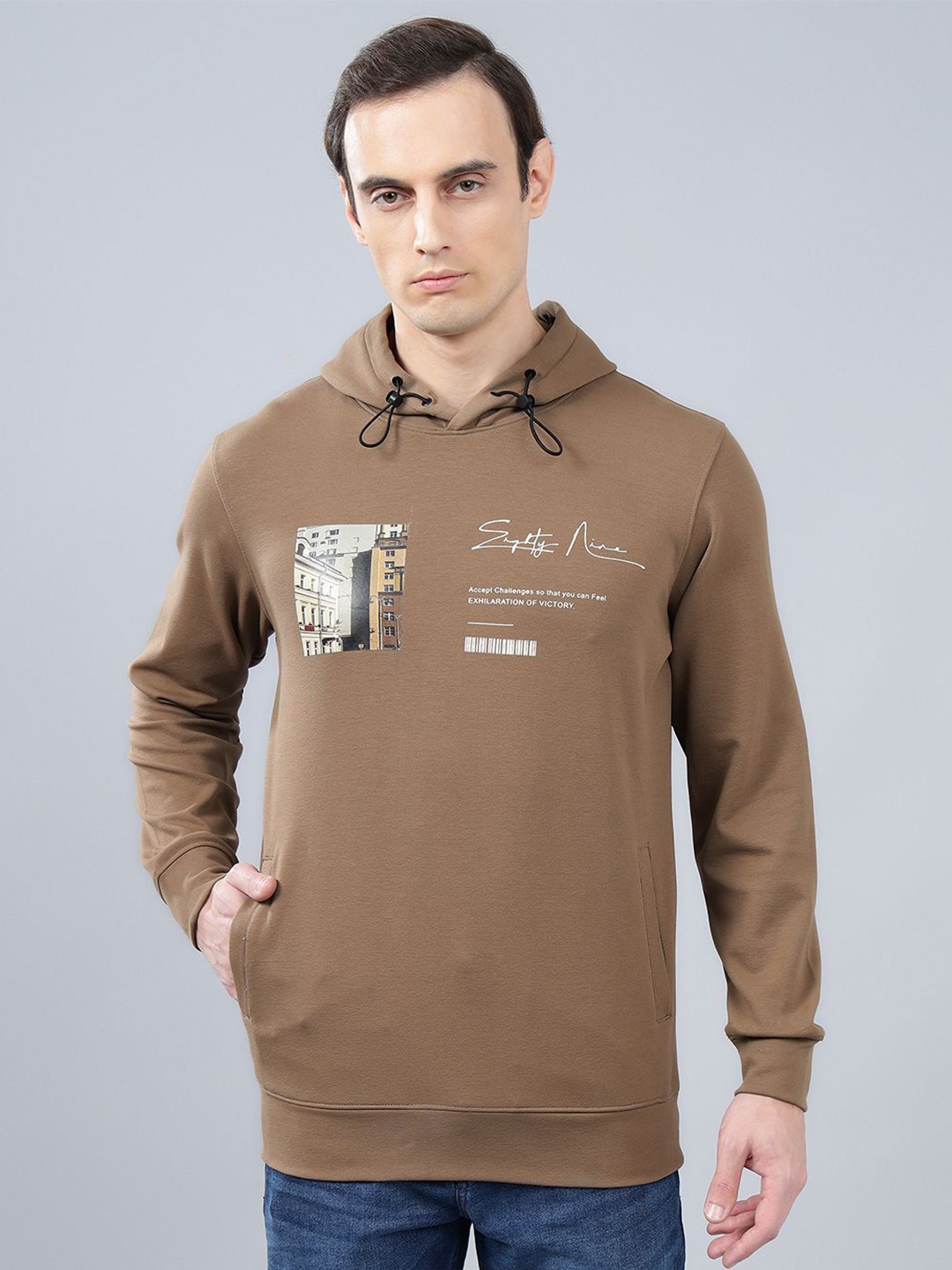 

Cantabil Men Cotton Brown Printed Hooded Neck Long Sleeves Pullover Sweatshirt