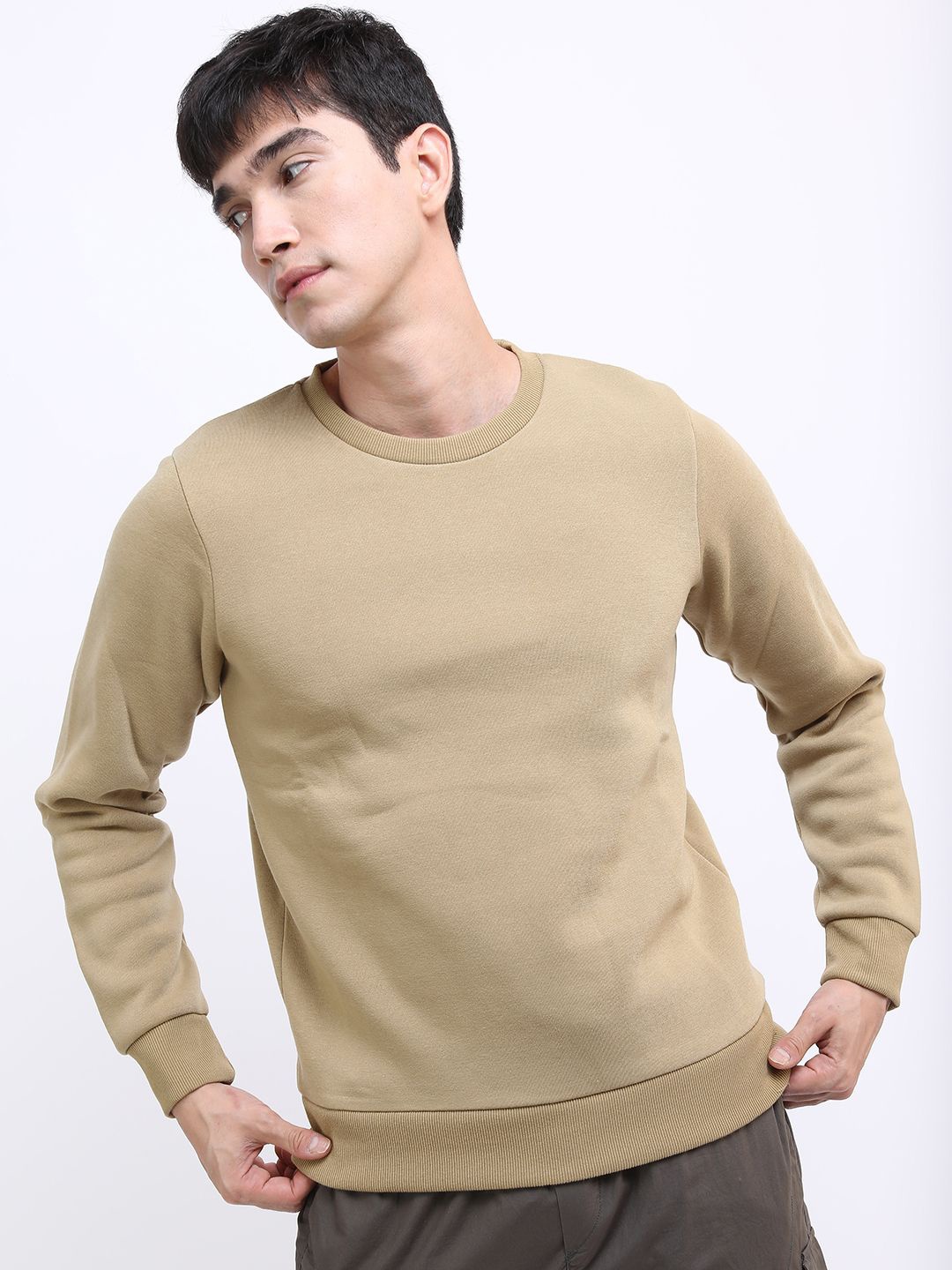 

HIGHLANDER Men Solid Round Neck Pullover Sweatshirt, Tan