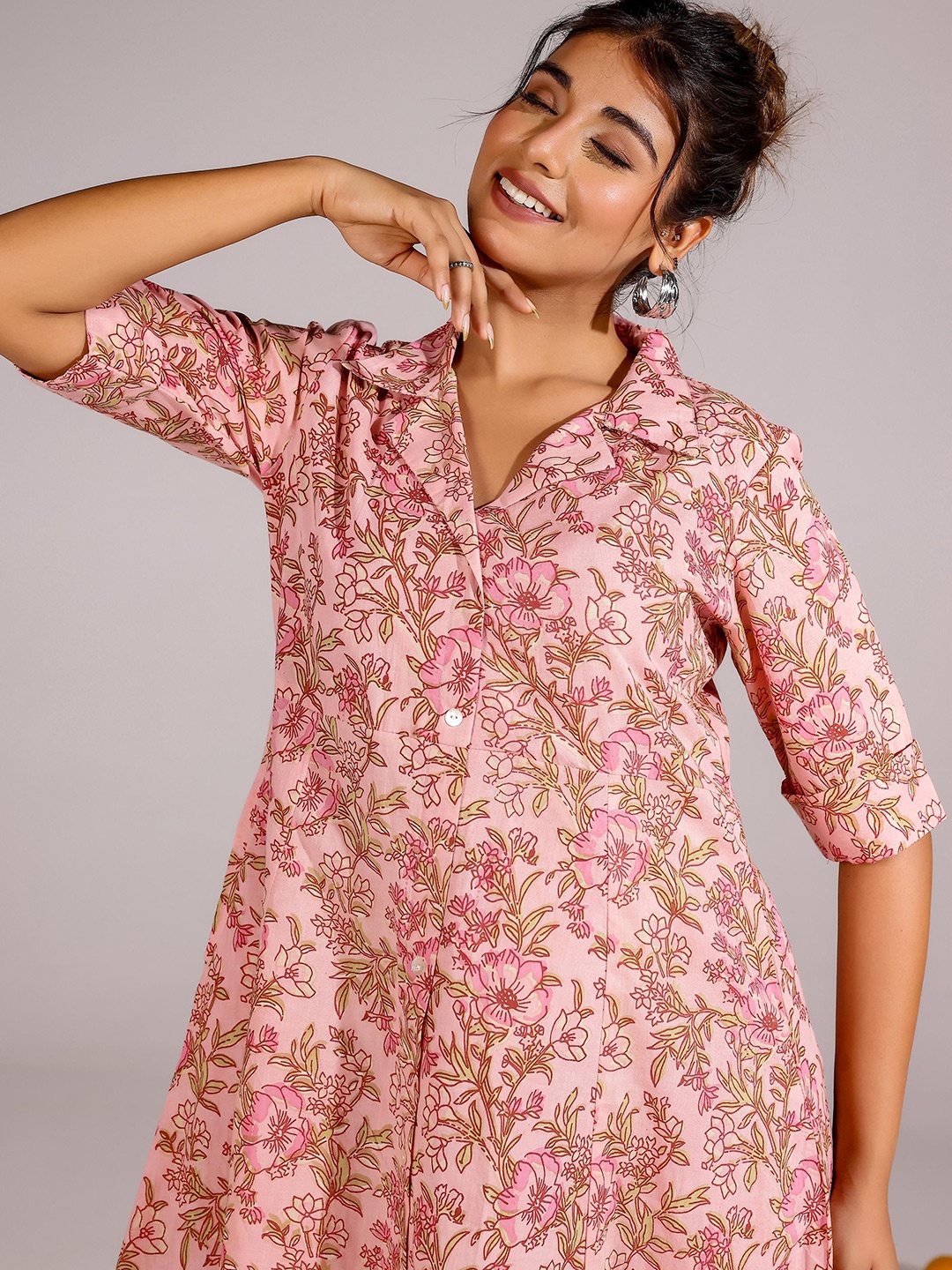 

FLAVIA CREATION Floral Printed Puff Sleeve A-Line Cotton Dress, Multi