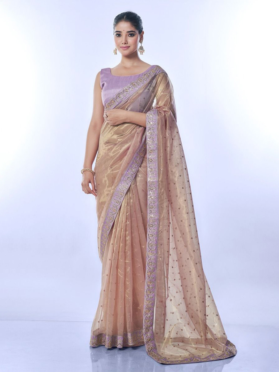 

Krimmple Floral Sequinned Net Saree, Purple