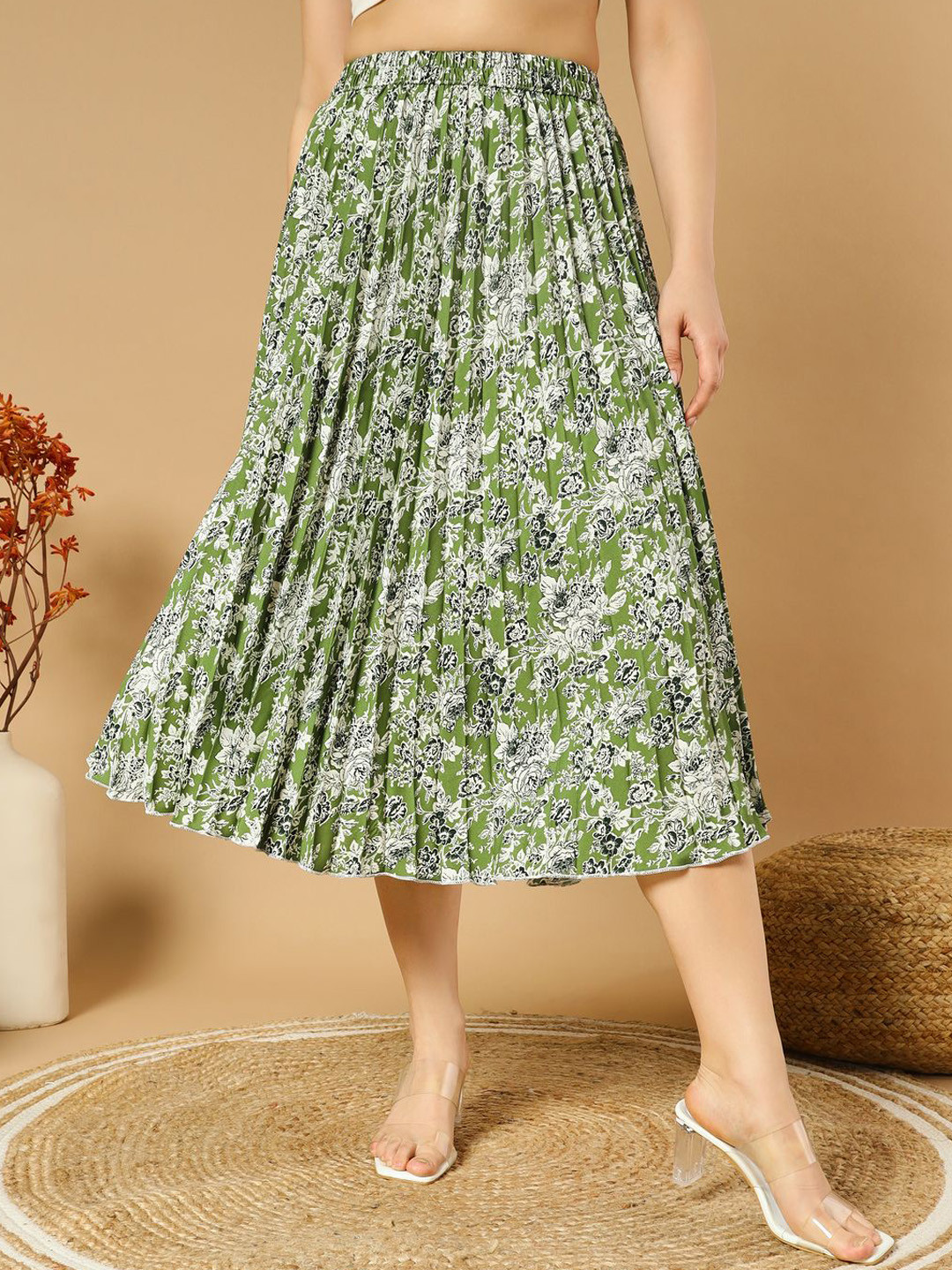 

ZWERLON Printed Flared Midi Skirt, Green
