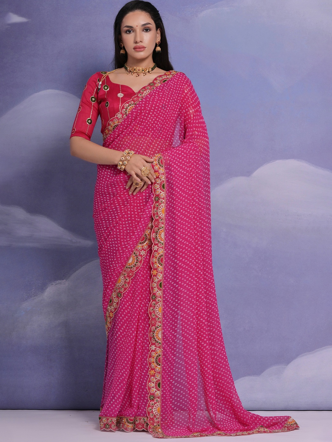 

Krimmple Bandhani Sequinned Pure Georgette Saree, Pink