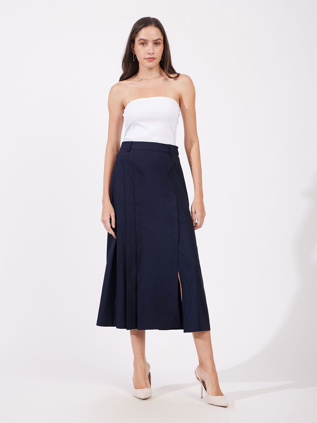 

FableStreet Women Pleated A-Line Midi Skirts, Navy blue