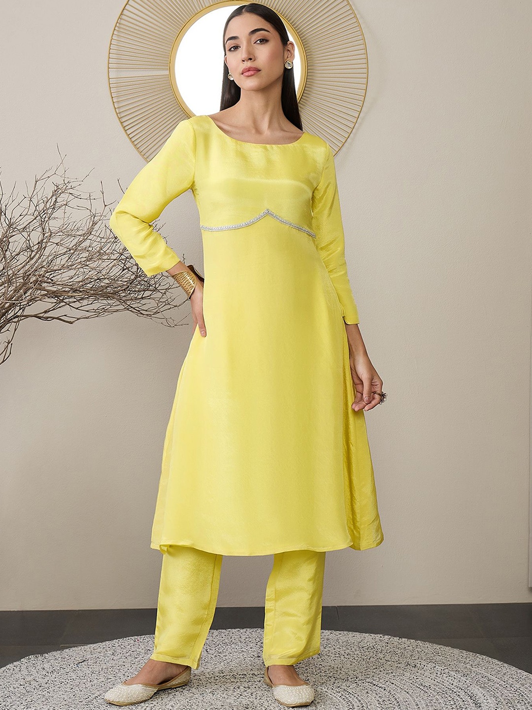 

ADORNIA Round Neck Tissue A-line Kurta with Trousers, Yellow