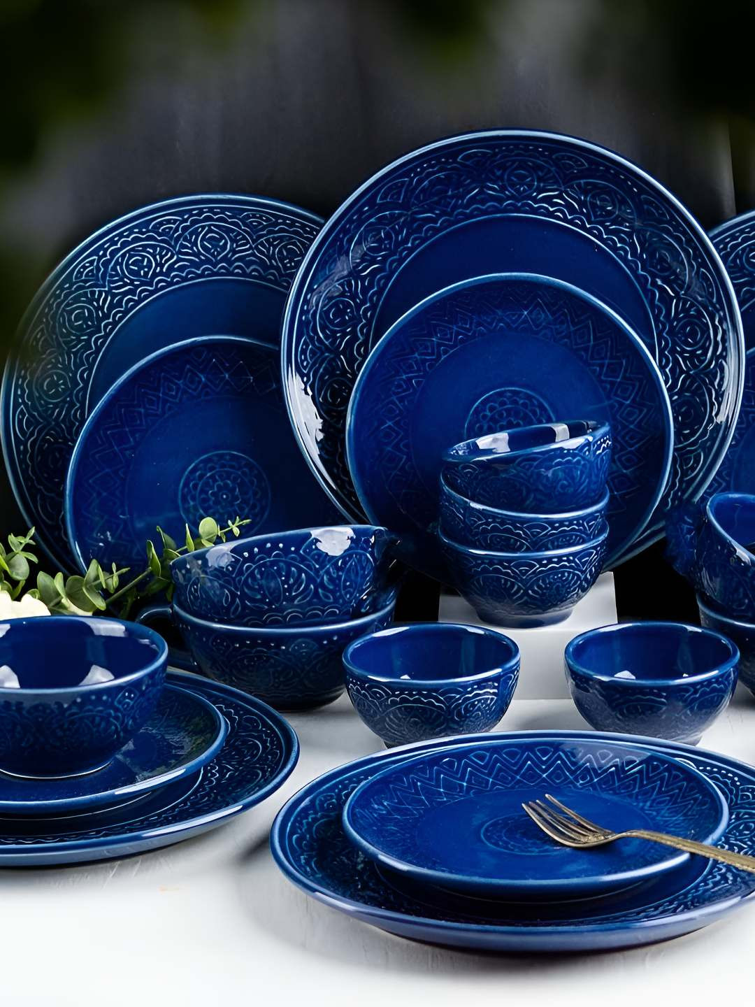 

AMALAFIEE CERAMICS Blue 28 Pieces Printed Ceramic Dishwasher Safe Dinner Set
