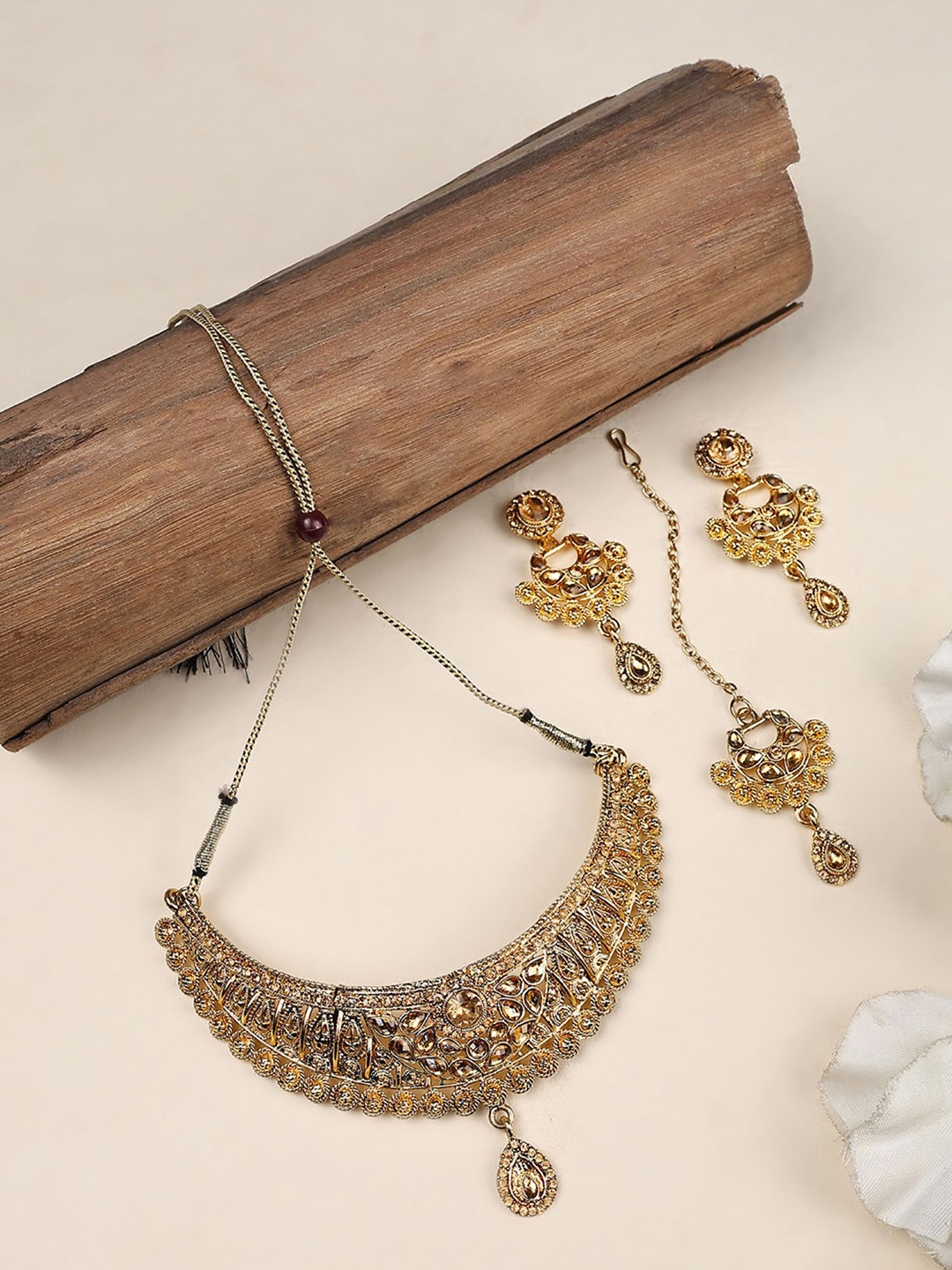 

ANIKAS CREATION Gold-Plated AD-Studded Necklace & Earrings With Maang Tika