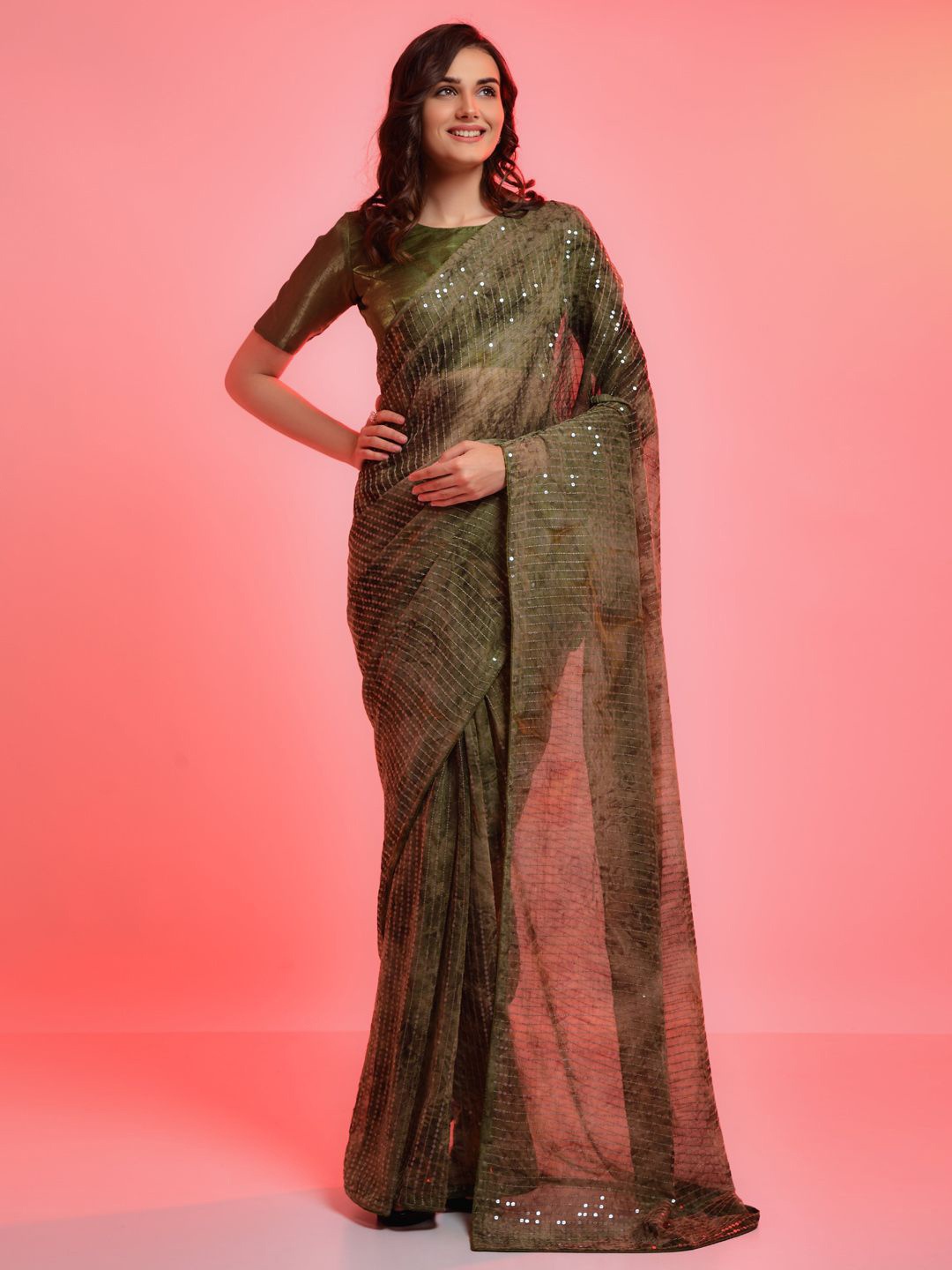 

Krimmple Striped Sequinned Pure Georgette Saree, Green