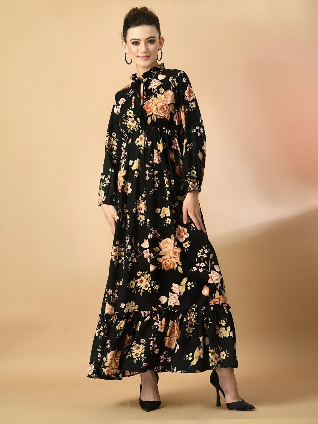 

ZWERLON Women Floral Printed Tie-Up Neck Maxi Dress, Black