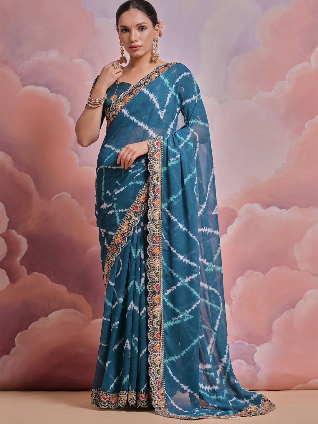 

Krimmple Leheriya Embroidered Pure Georgette Saree, Blue