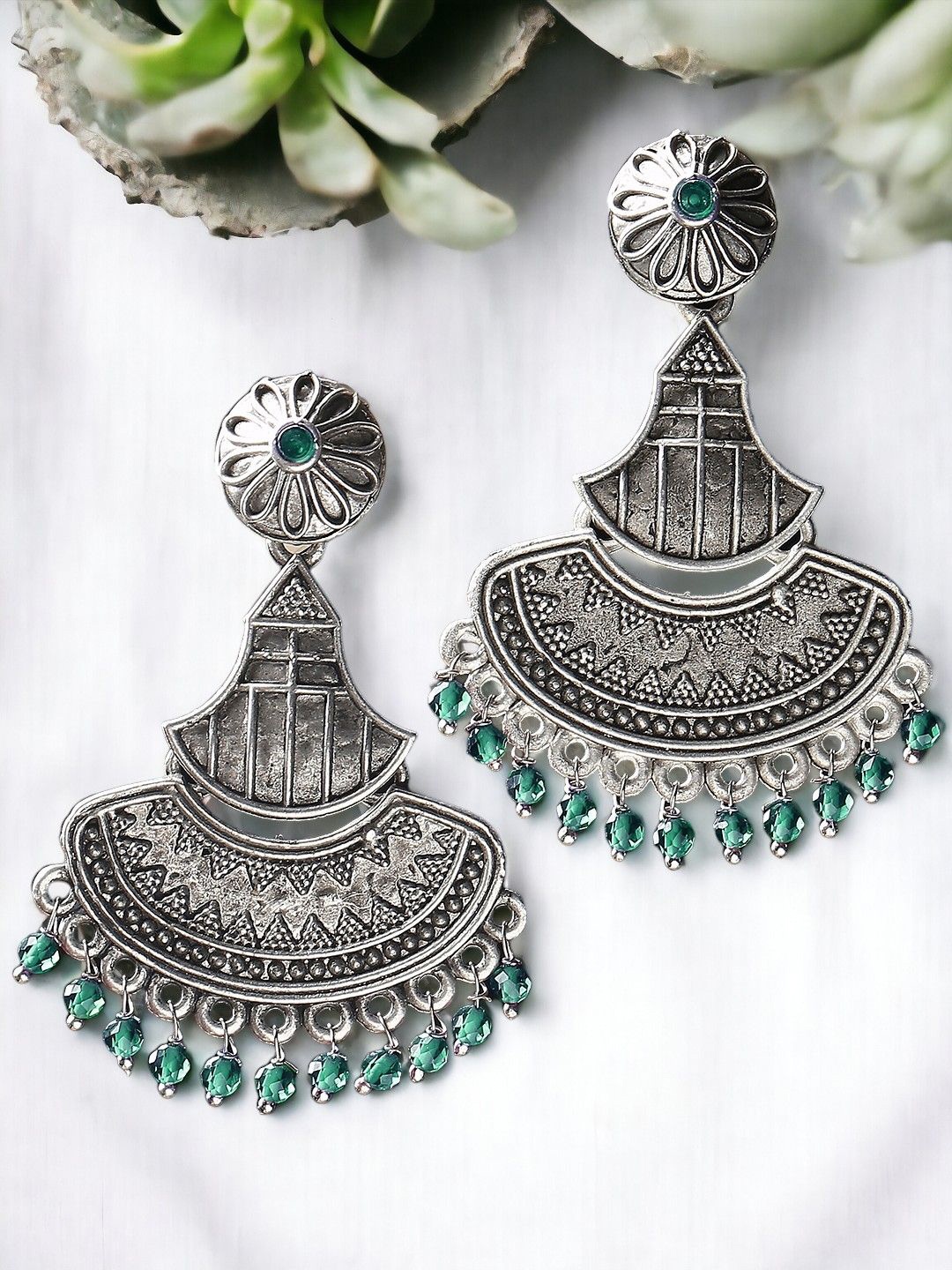 

OOMPH Floral Oxidised Drop Earrings, Green