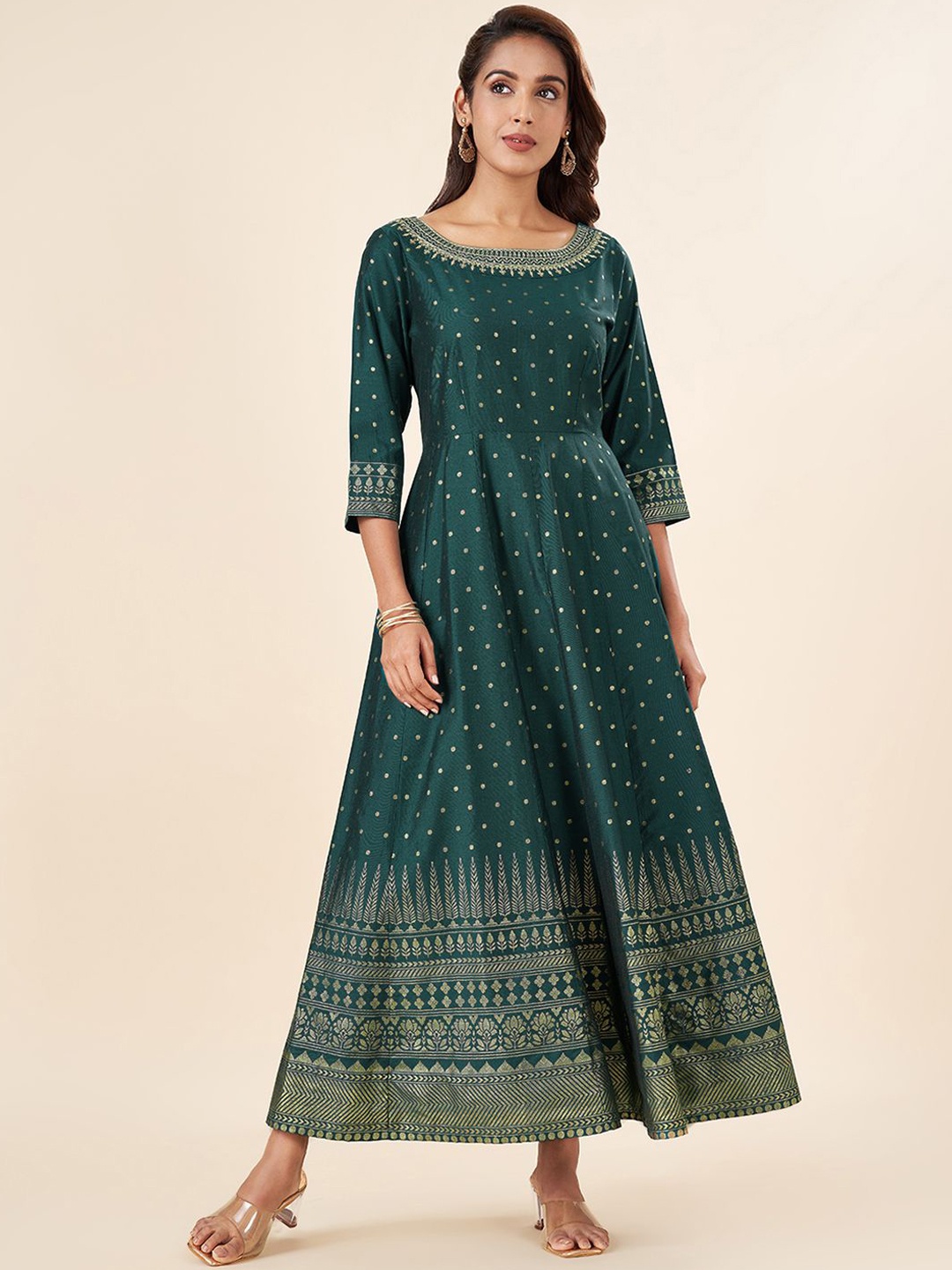 

RANGMANCH BY PANTALOONS Ethnic Motifs Woven Design Sequinned Anarkali Kurta, Teal