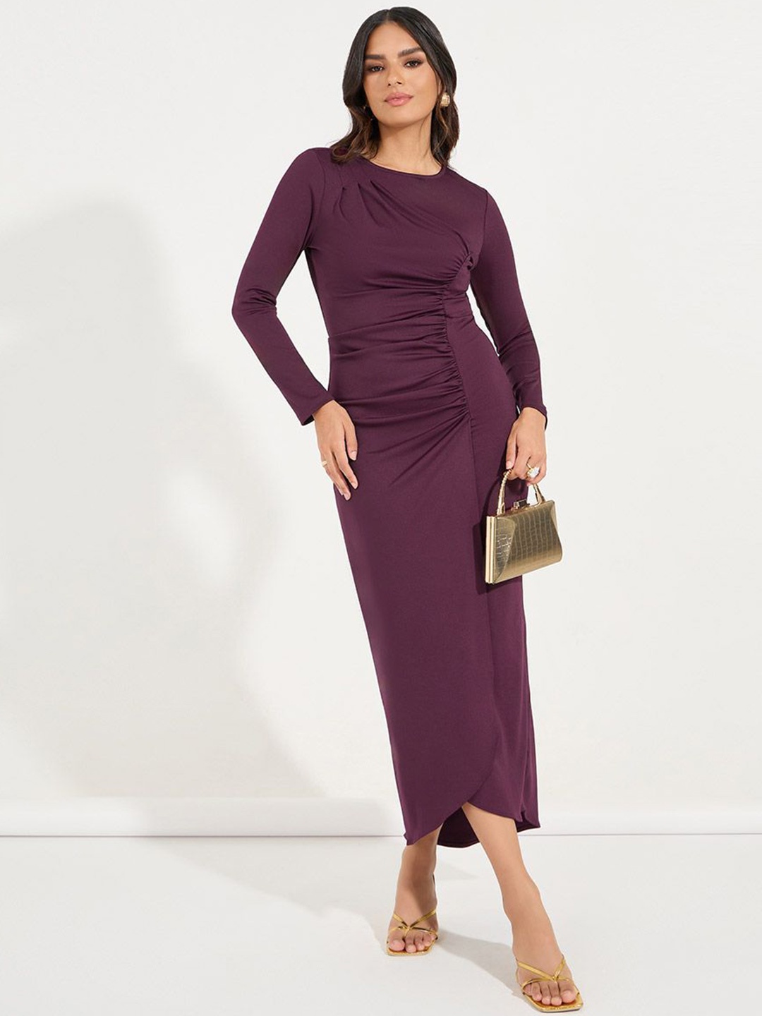 

Styli Women Solid Round Neck Sheath Maxi Length Dress, Purple