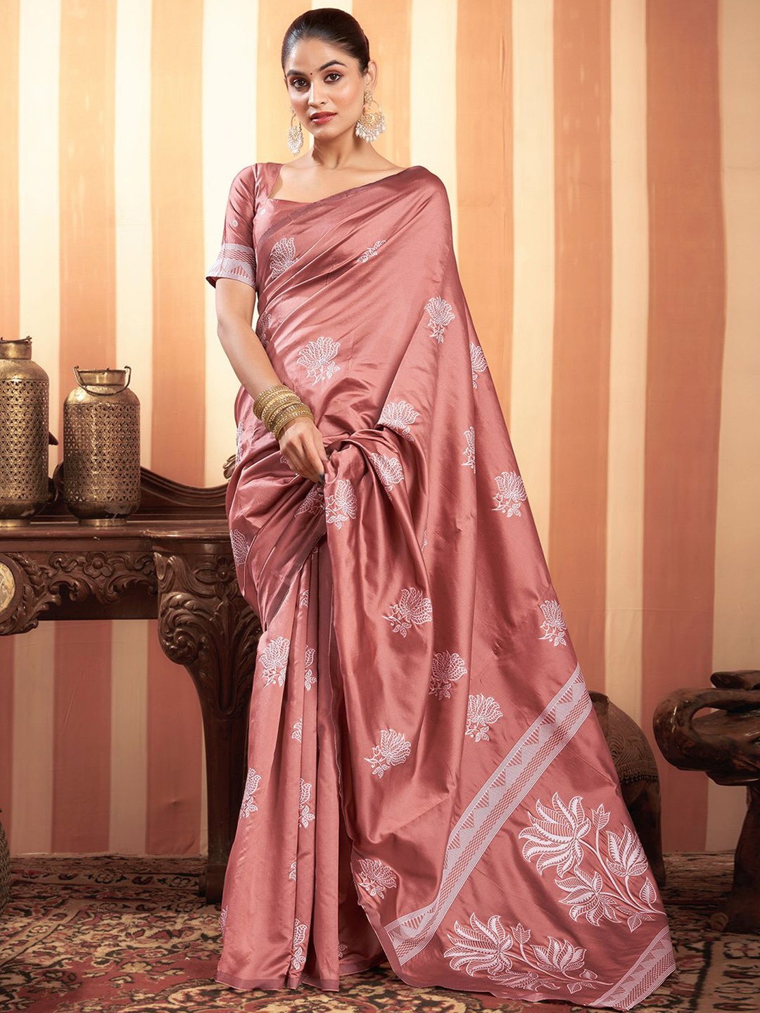 

all about you Woven Design Ethnic Motifs Zari Pure Silk Banarasi Saree, Rust