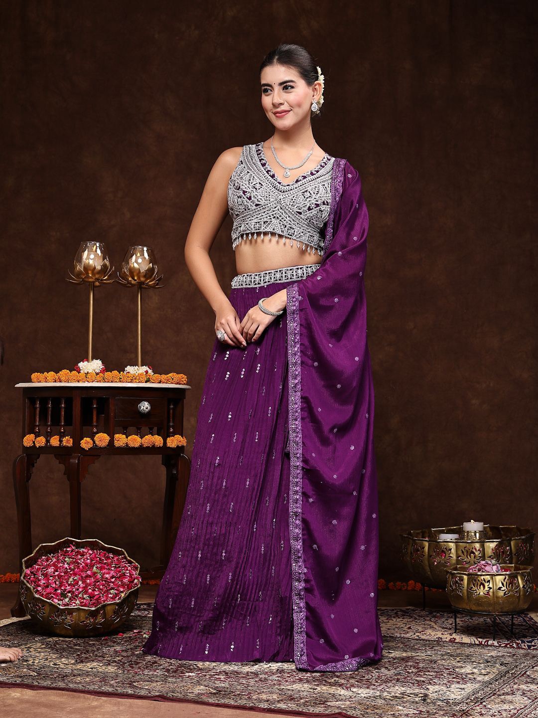 

Stylum Embellished Sequinned Ready to Wear Lehenga & Blouse With Dupatta, Violet