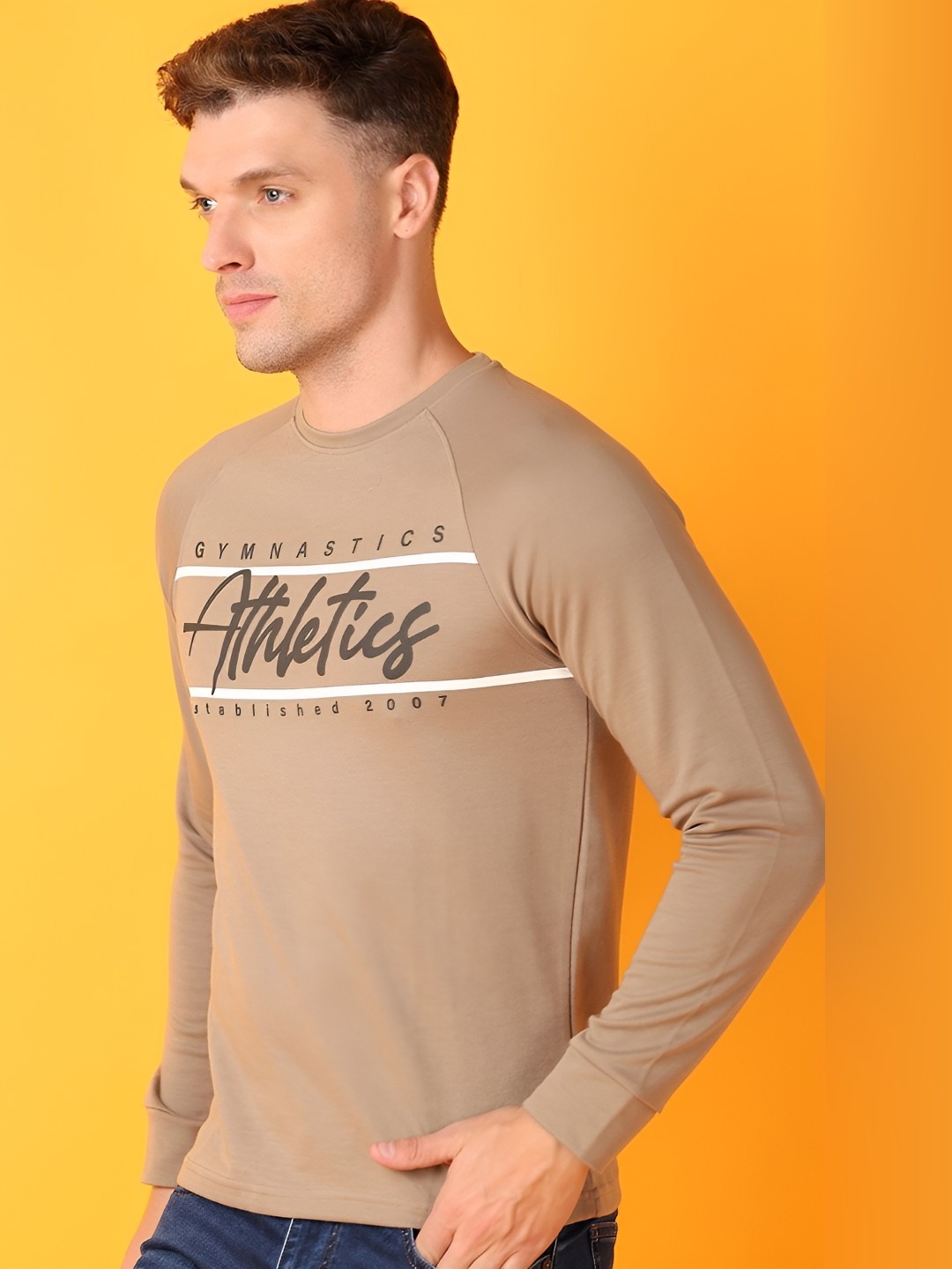 

V-Mart Men Typography Printed Round Neck Cotton T-shirt, Beige