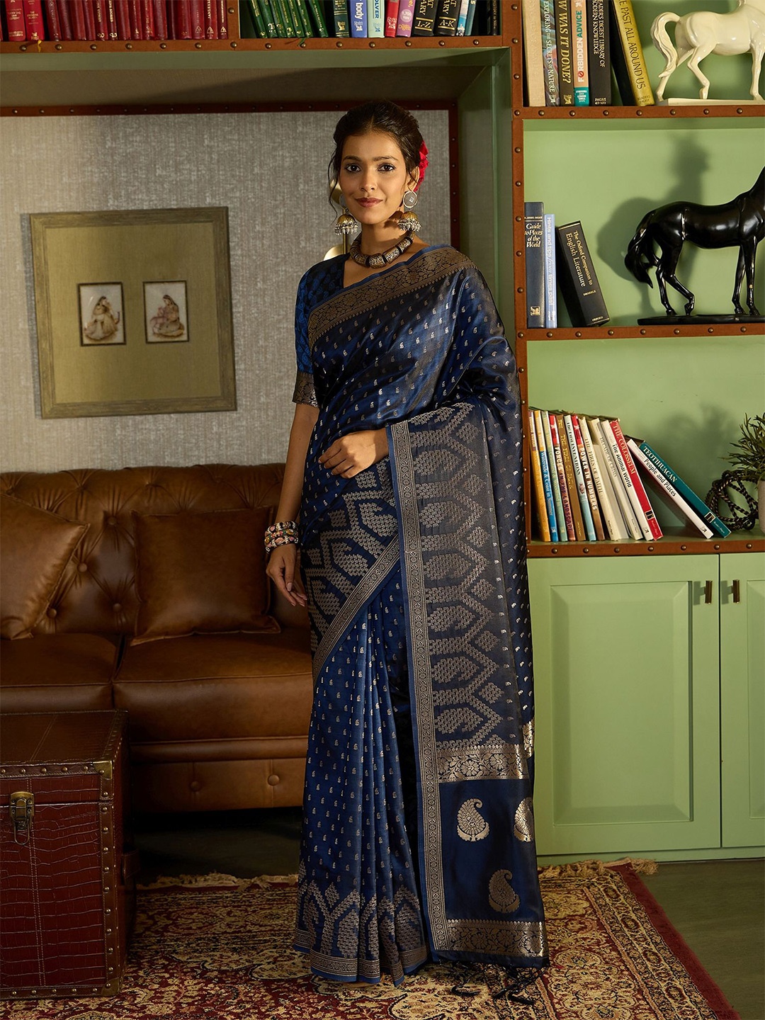 

Sangria Woven Design Banarasi Sarees With Blouse Piece, Navy blue