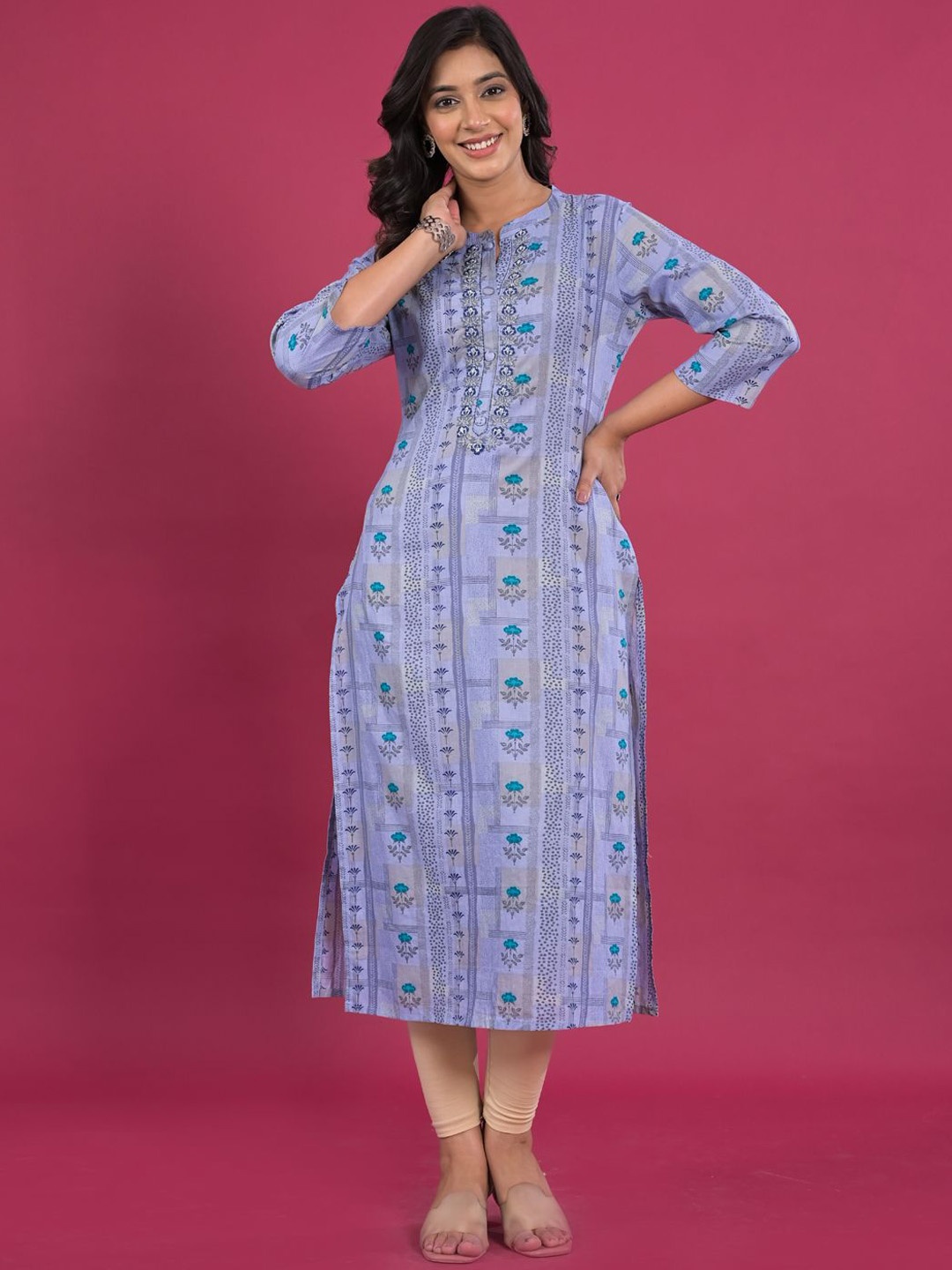 

Readiprint Fashions Floral Printed Mandarin Collar Thread Work Pure Cotton Straight Kurta, Blue