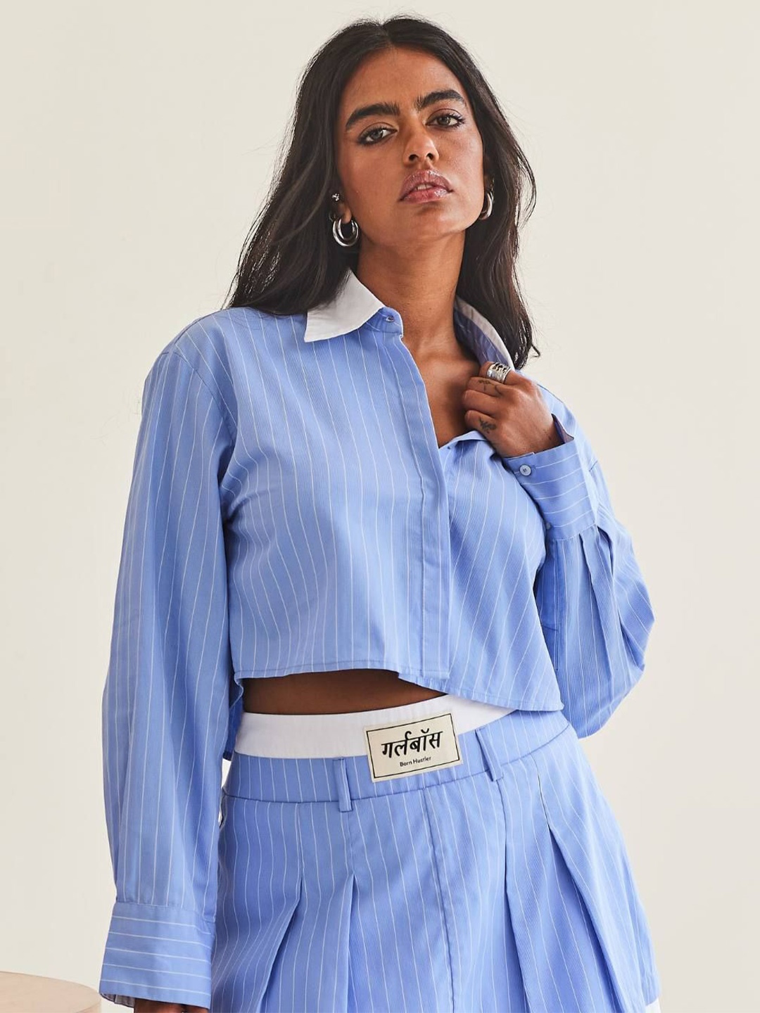 

Urban Suburban Women Striped Cotton Shirt Style Crop Top, Blue