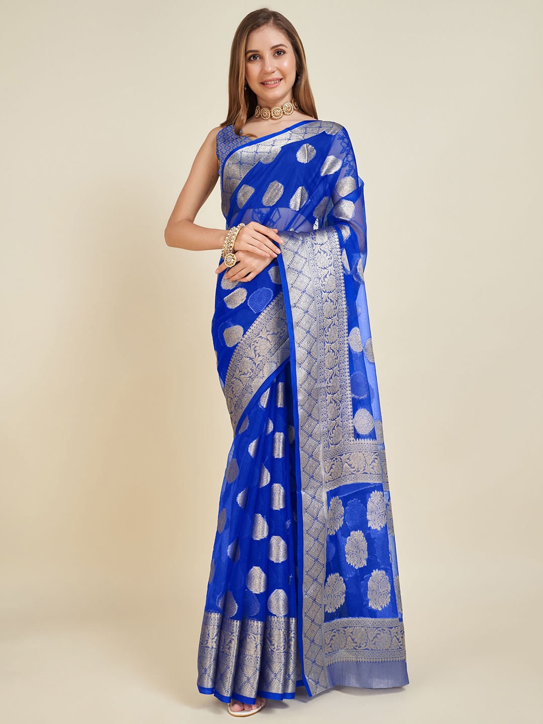 

Kriyansh Ethnic Motifs Woven Design Zari Organza Tussar Saree, Blue