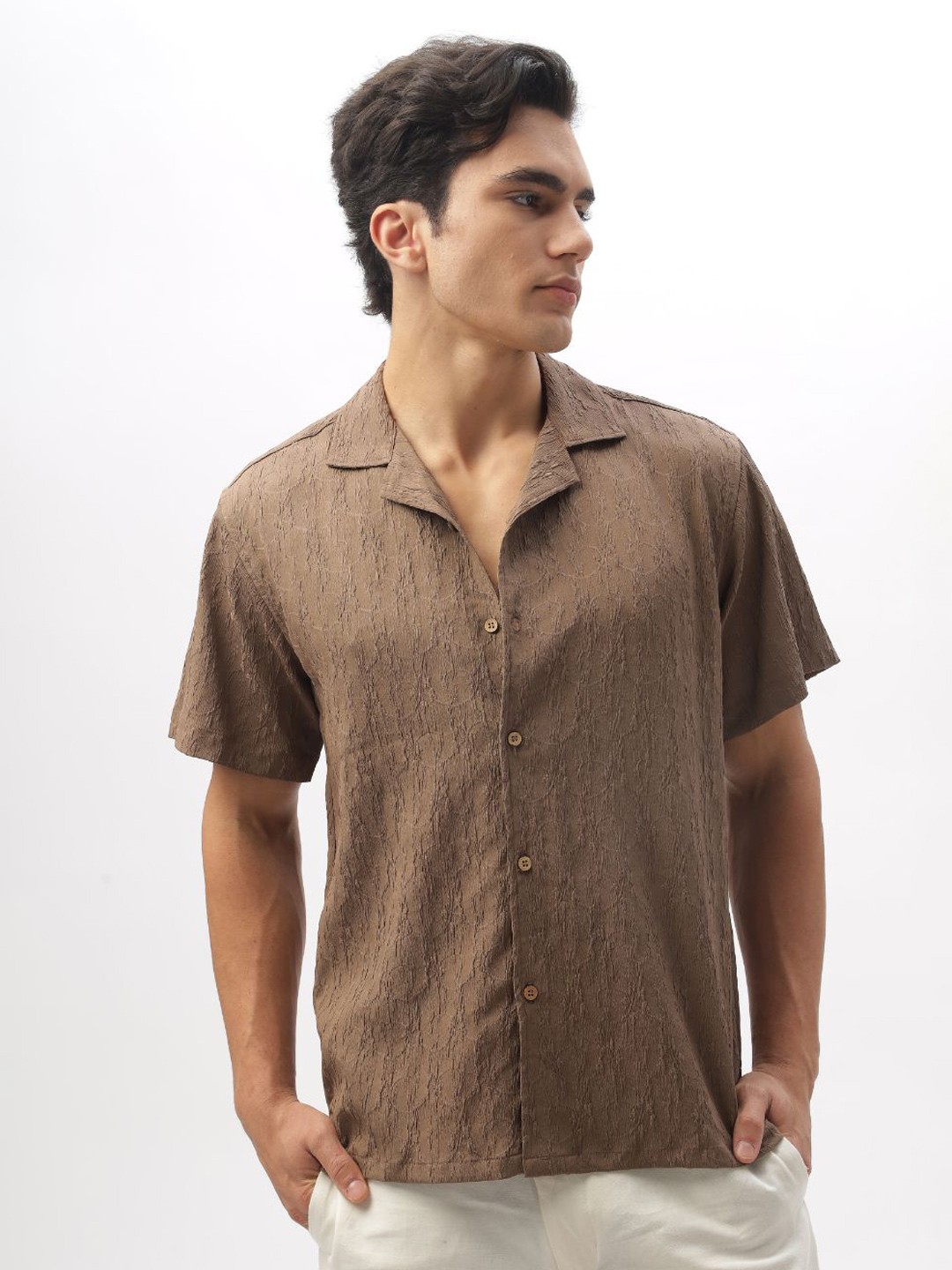 

HAMPTONS Men Cotton Crochet Self Design Fabric Vacation Shirt, Brown