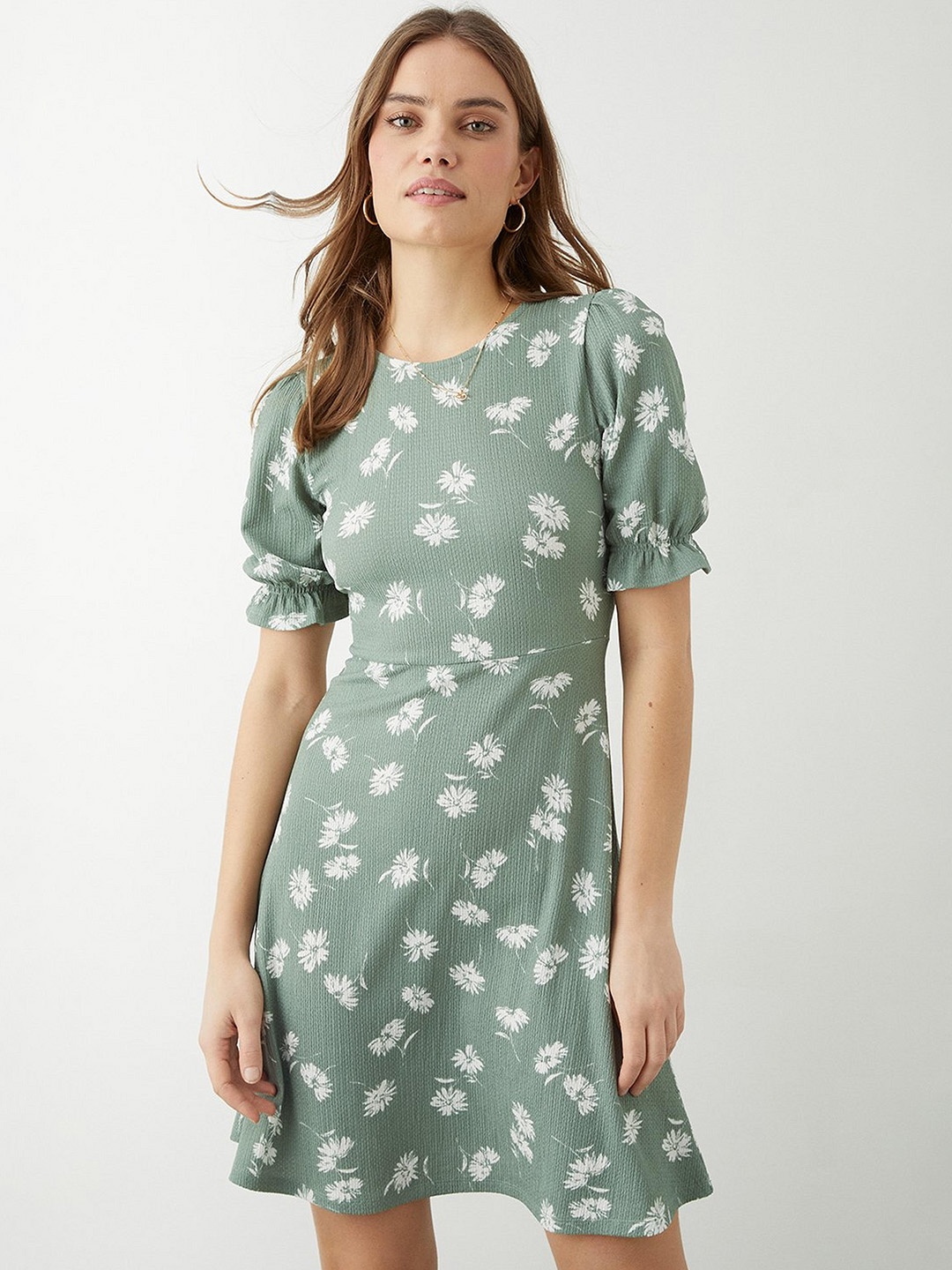 

DOROTHY PERKINS Floral Print Puff Sleeve A-Line Mini Dress, Green