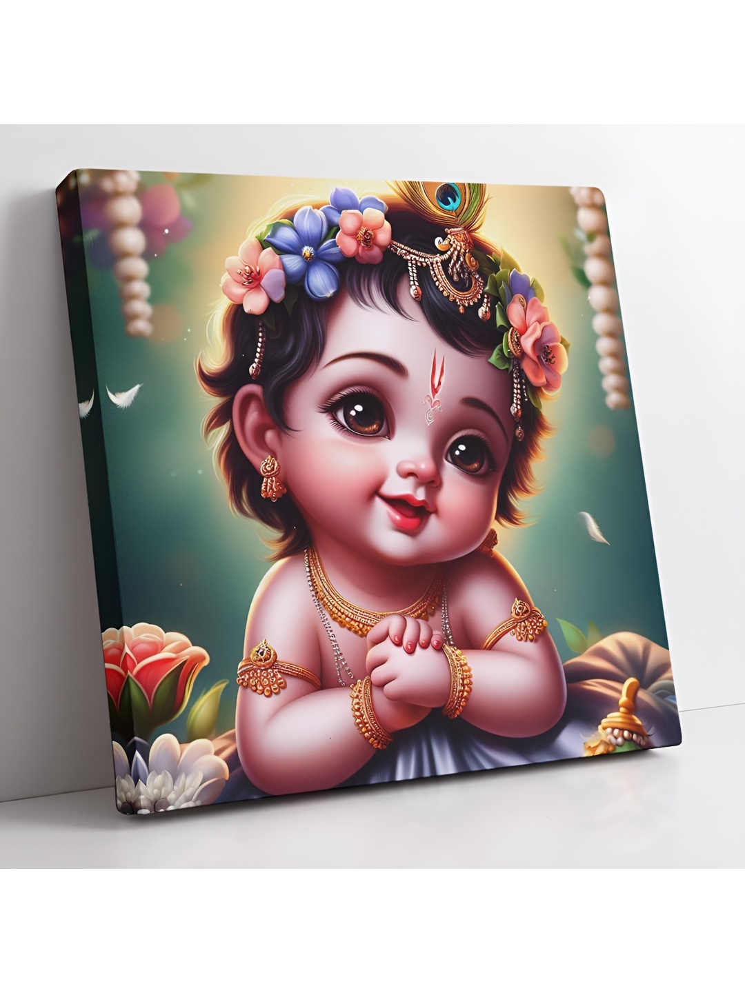 

SAF Green & Pink Wooden Canvas Shree Krishna Religious Wall Art