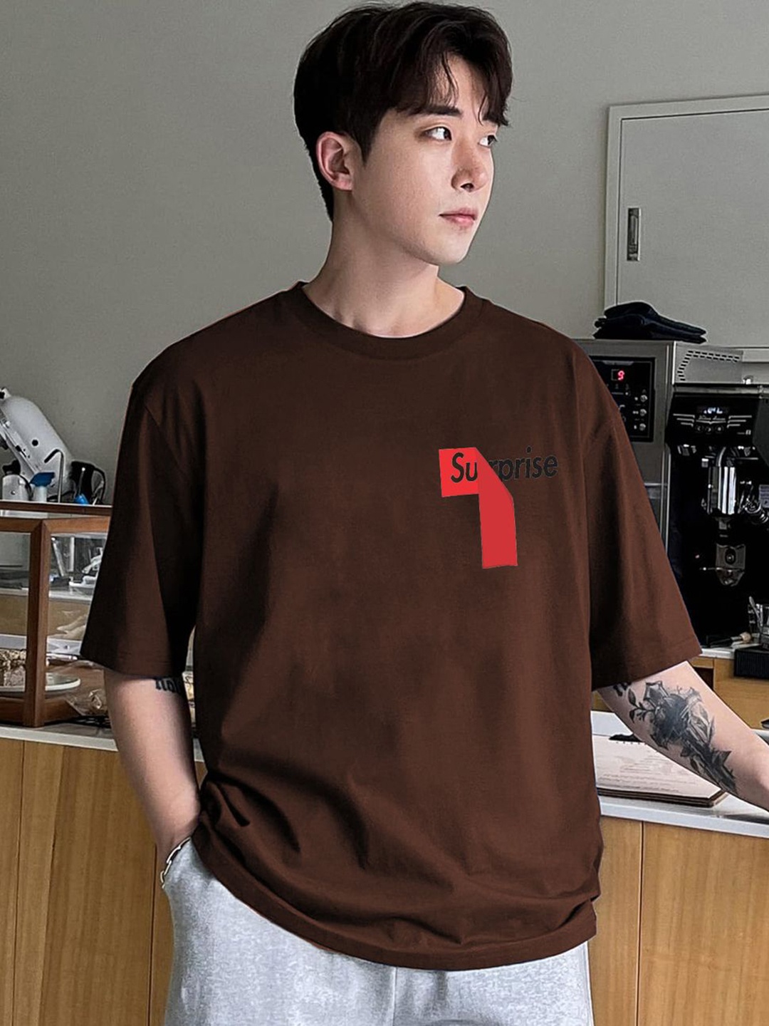 

CLAFOUTIS Men Typography Printed Round Neck Cotton Oversized T-shirt, Brown