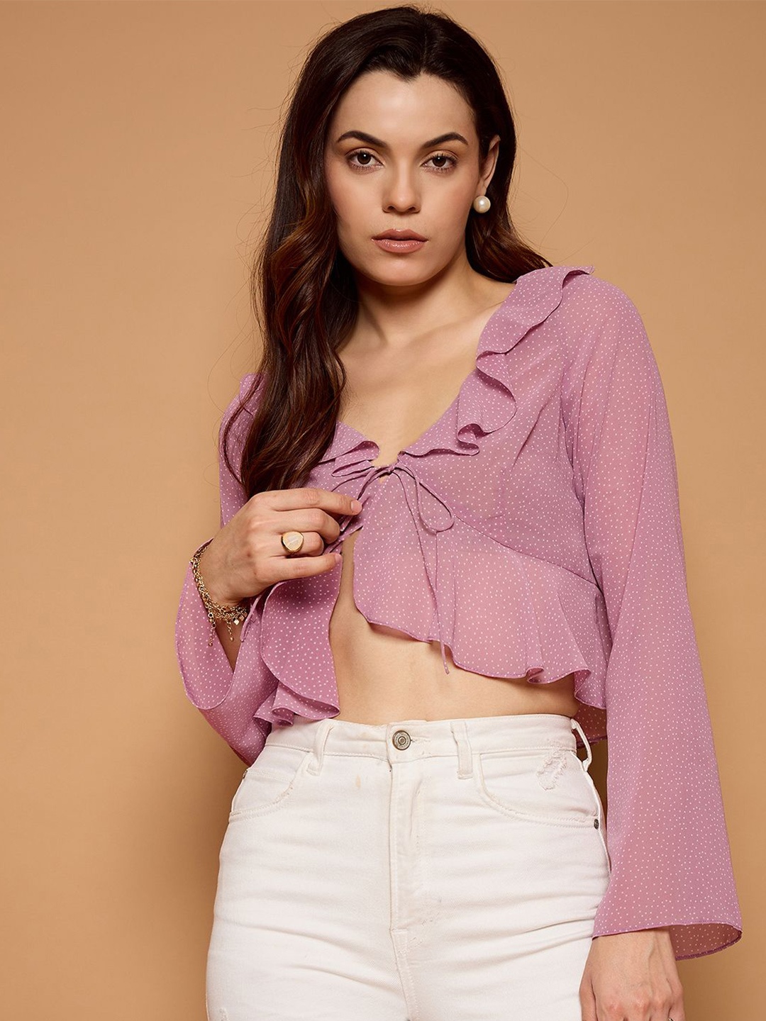 

Kibo Polka Dots Printed Tie Up Neck Ruffled Crop Top, Pink