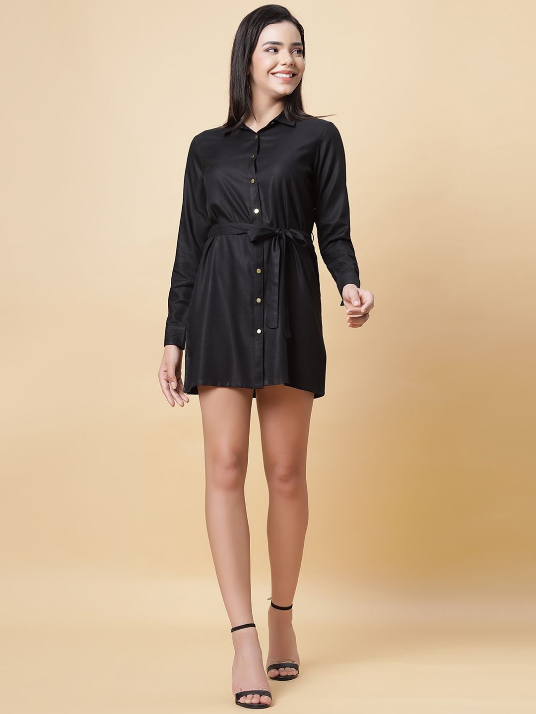 

DressBerry Solid Shirt Mini Dress, Black