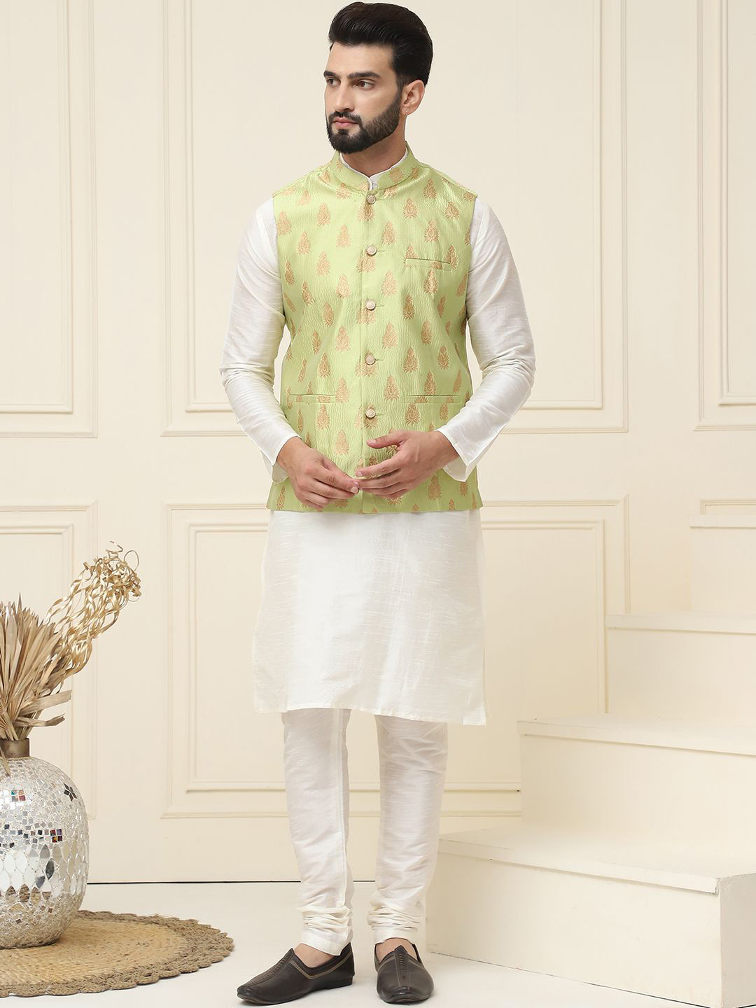 

SOJANYA Mandarin Collar Silk Cotton Straight Kurta with Churidar & Nehru jacket, Cream