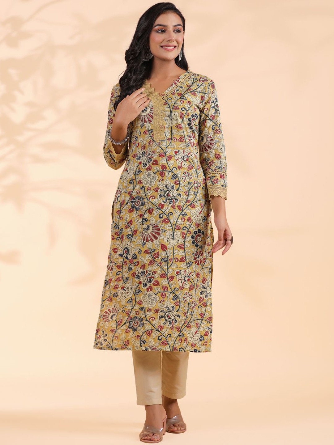 

Vbuyz Floral Printed V-Neck Cotton Straight Kurta, Beige