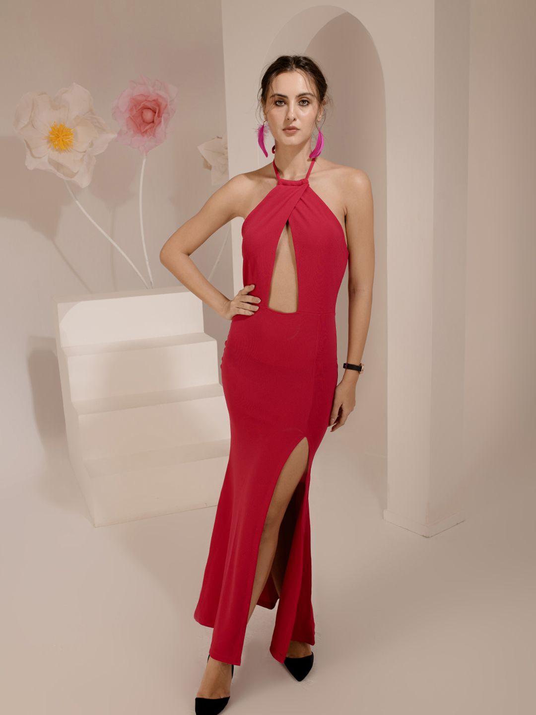 

TANDUL Women Halter Neck Cut-Out Details Maxi Dress, Red
