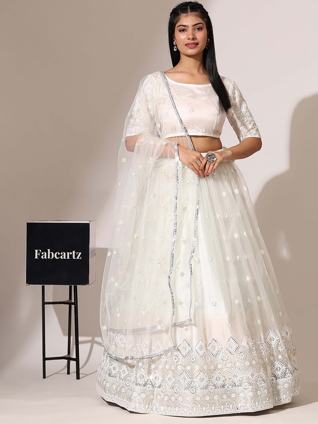 

Fabcartz Floral Embroidered Sequinned Semi-Stitched Lehenga & Unstitched Blouse & Dupatta, White