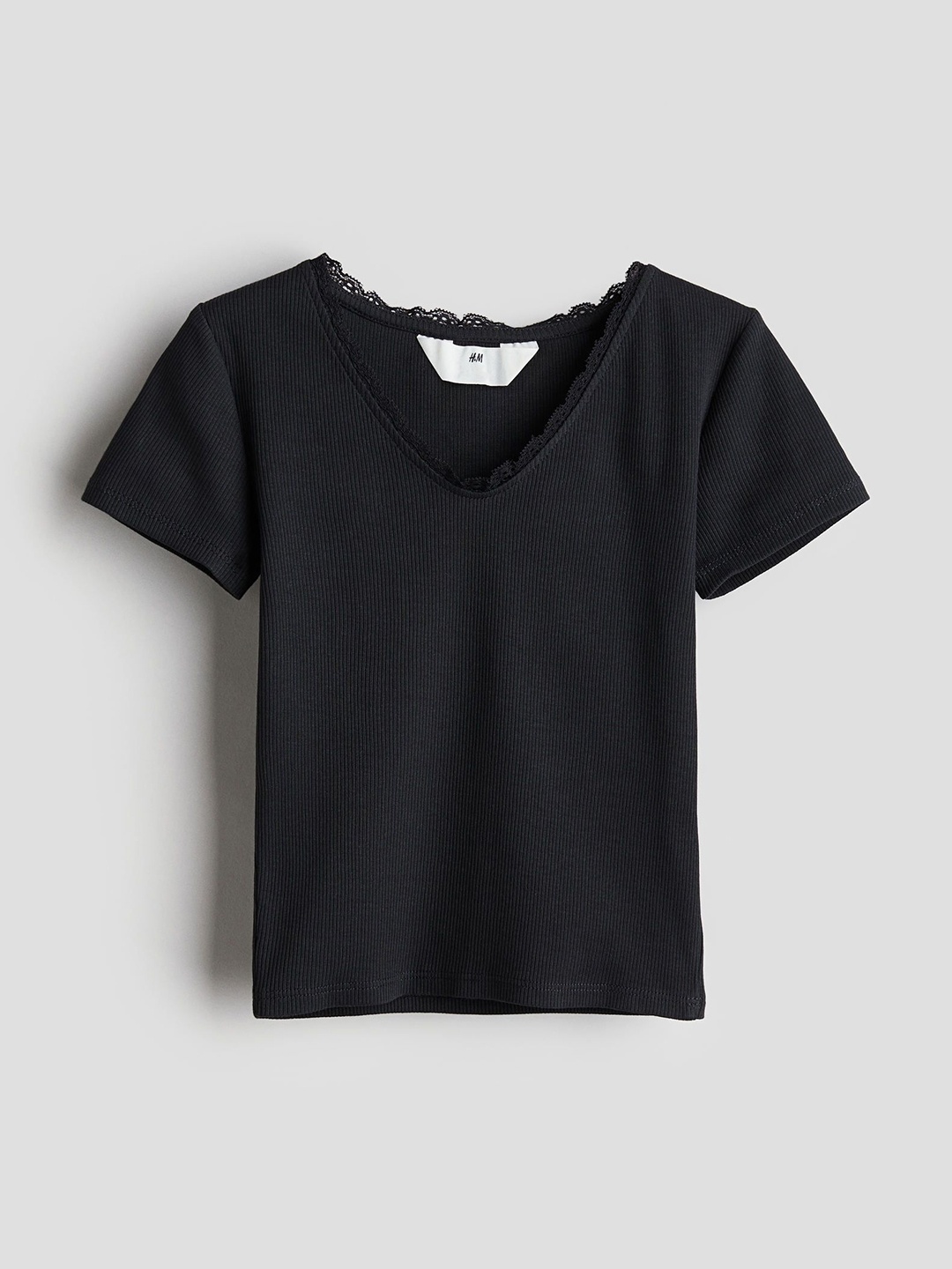 

H&M Girls Lace Trimmed Cotton Tops, Black